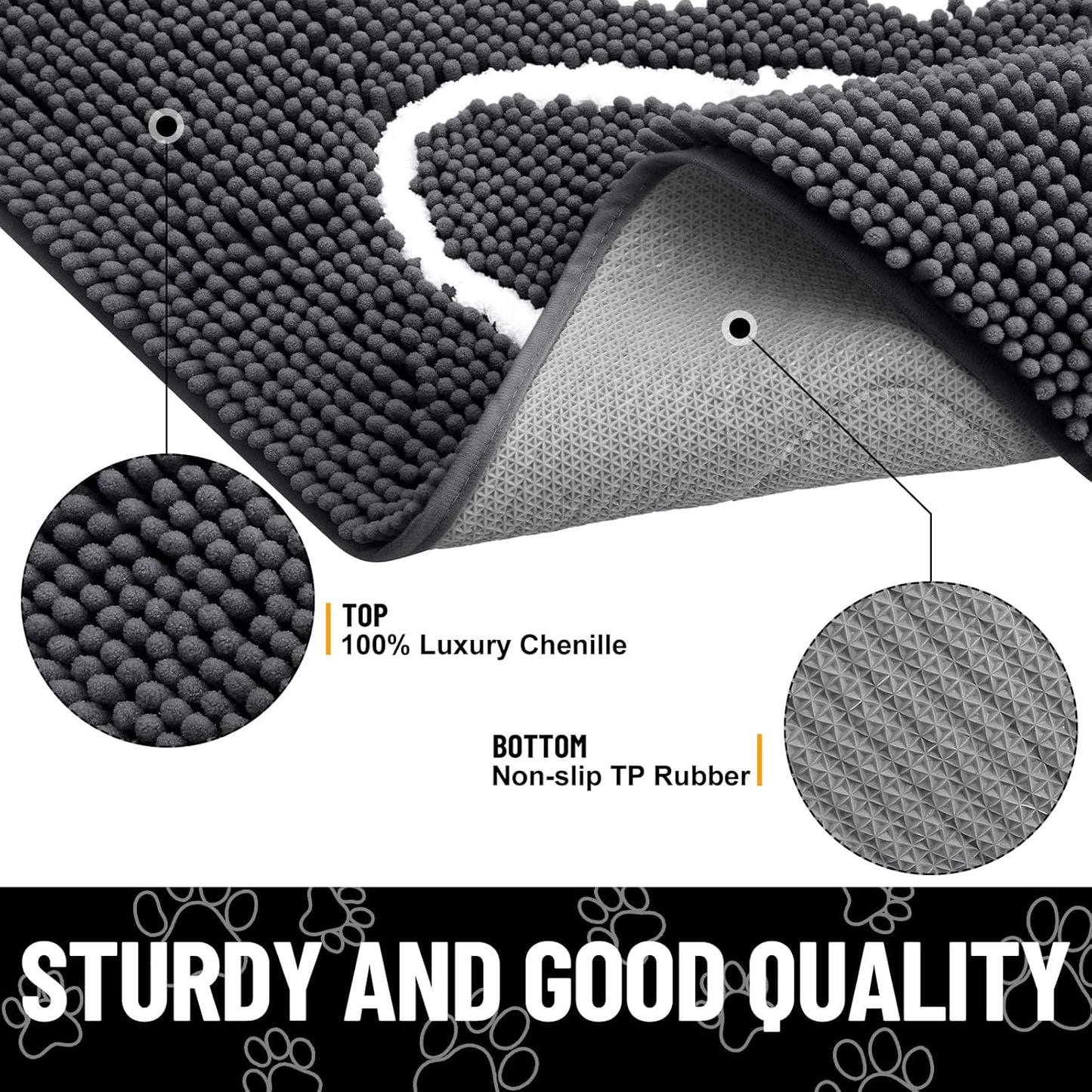 Smiry Dog Door Mat for Muddy Paws, Absorbent Dirt Trapper Non Slip Quick Dry Washable Chenille Mat for Mud Dogs, Entry Rug for Indoor and Outdoor (24x16 Inches, Dark Grey and White)