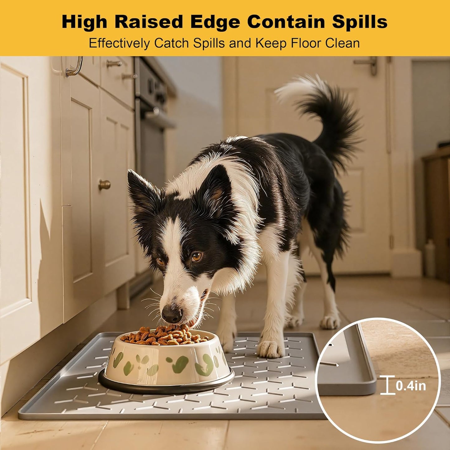 Pieviev Dog Cat Food Bowl Mat, Silicone Waterproof Food Grade Pet Food Mat for Floor, High Raised Edge to Prevent Spills, Non-Slip & Easy Clean Pet Placemat for Dog & Cat Bowls, 34''x22'', Light Gray