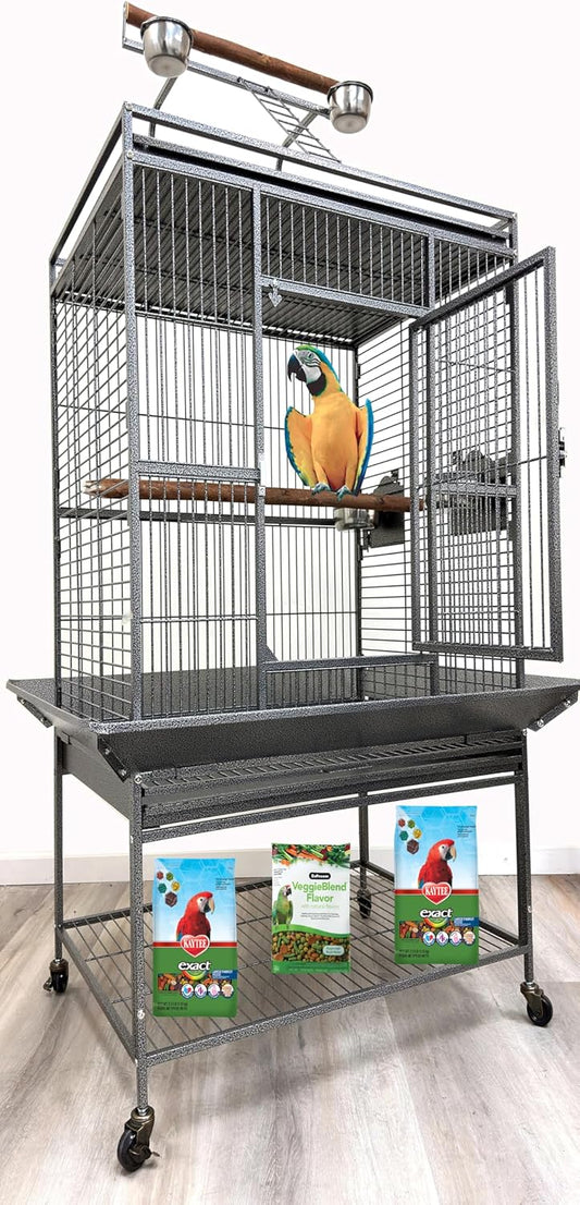 X-Large Elegant and Durable Wrought Iron Play Ground Perch Stand Top Climbing Ladder Bird Parrot Rolling Metal Cage with Around Seed Guard Storage Shelf On Heavy Duty Lockable Rolling Wheels