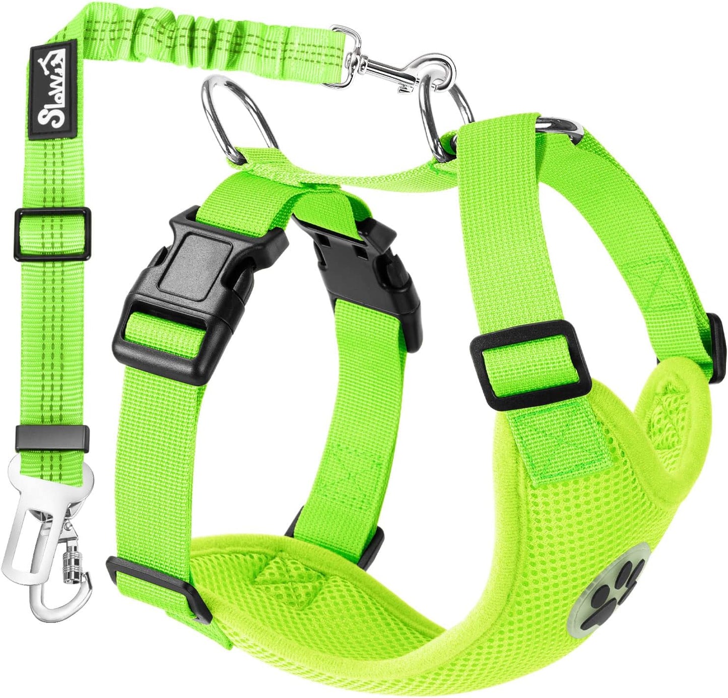 Lukovee Dog Seat Belt for Car, Adjustable Dog Car Harness for Large Medium Small Dogs, Soft Padded & Breathable Mesh Dog Seatbelt with Car Strap and Carabiner(Lime Green Double Clip,Large)
