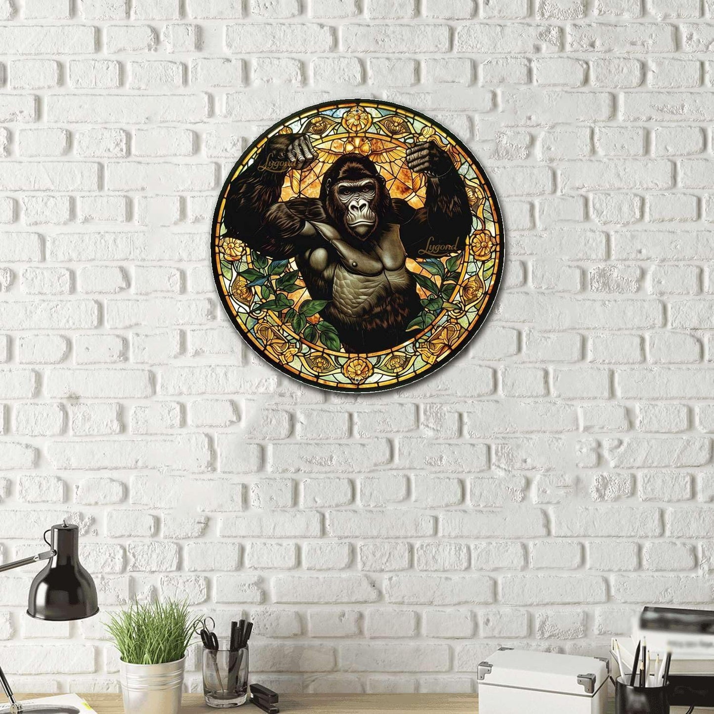 Lygond Metal Sign Tin Sign Circular Stained Glass Gorilla Sign For Garden For Pet 8×8 Inches