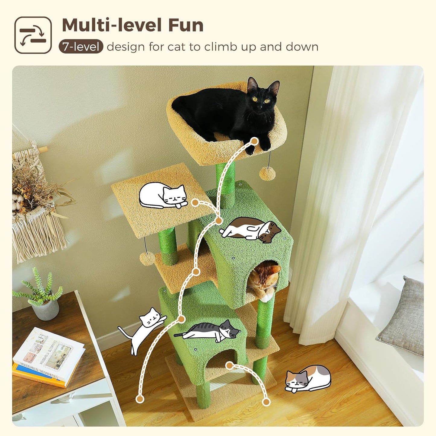Cactus Cat Tree, 62-Inch Large Cat Tower for Multi-Cat Households w/Scratching Posts, Multi-Level Condo w/Cozy Top Perch & Scratching Pad, Padded Platform, 2 Pompoms, Green