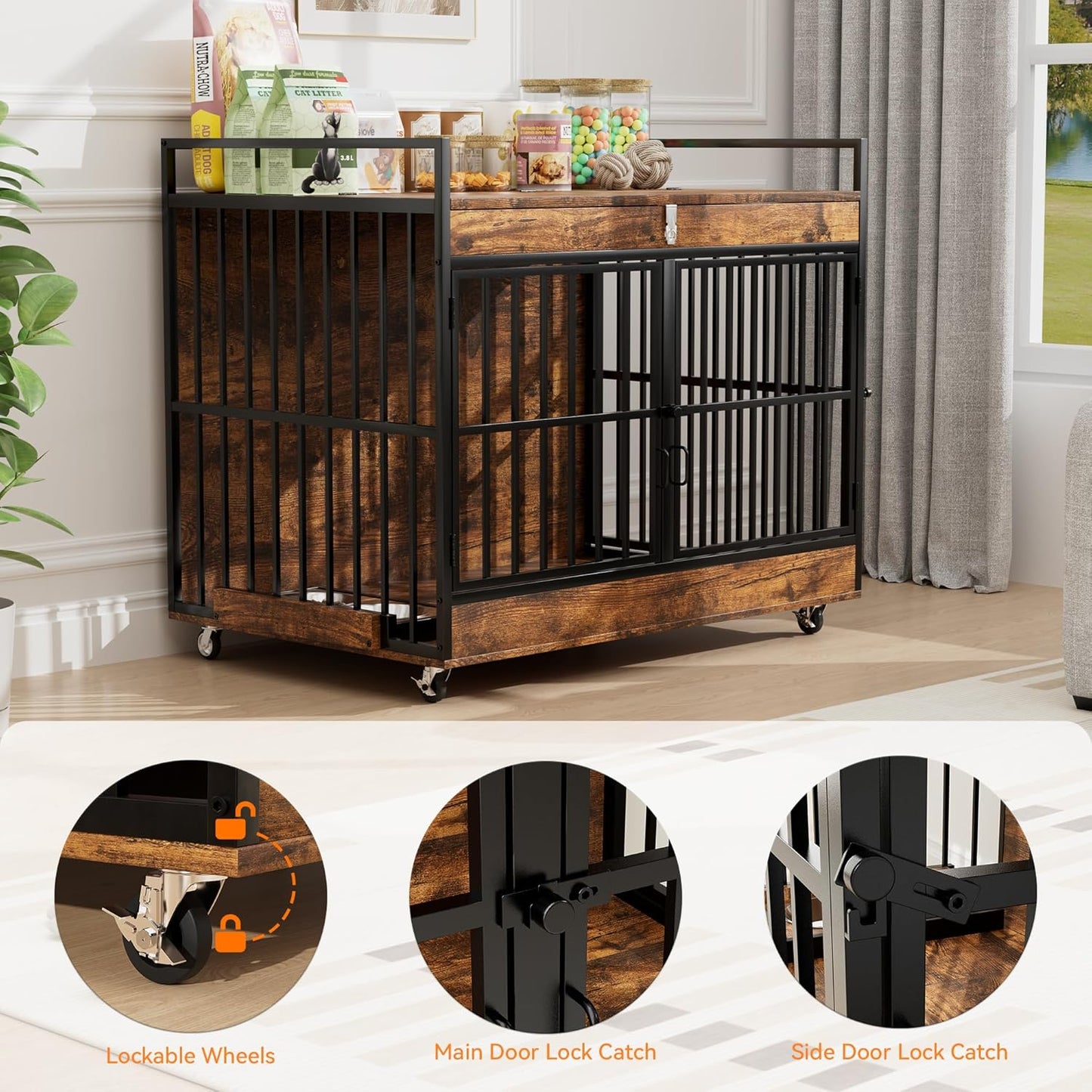 Dog Crate Furniture Large Breed with 2 Stainless Steel Bowls, Large Wooden Dog Crate Table, Escape-Proof & Chew-Proof XL Furniture, Decorate House As TV Stand, End Table, 45" L X 30" W 37" H