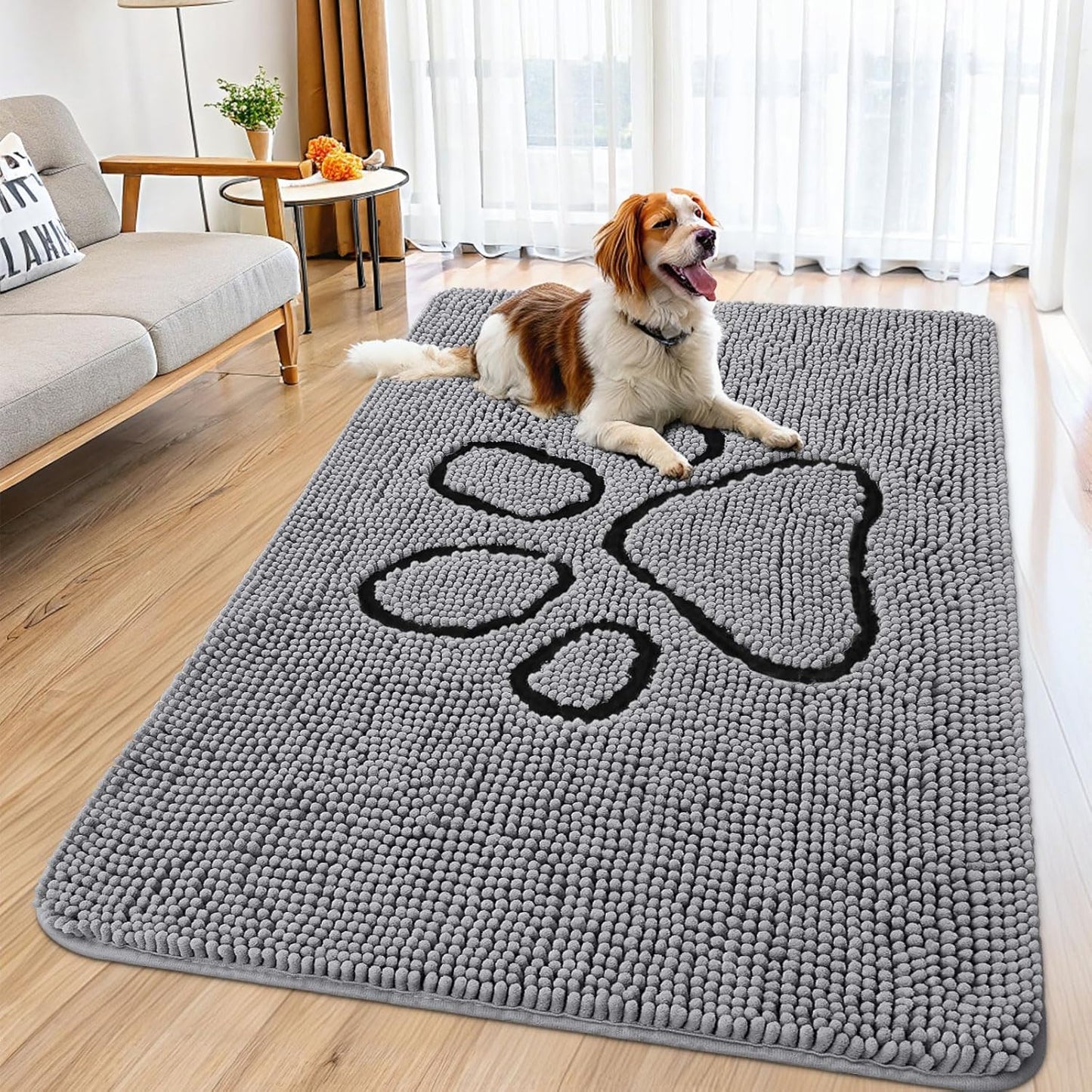 Smiry Dog Door Mat for Muddy Paws, Absorbent Dirt Trapper Non Slip Quick Dry Washable Chenille Mat for Mud Dogs, Entry Rug for Indoor and Outdoor (59x35 Inches, Grey)