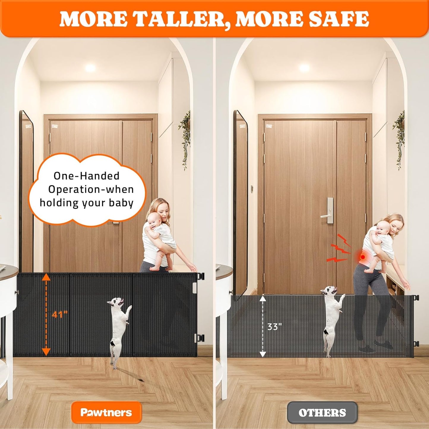 Pawtners Retractable Baby Gates Extra Wide, 41" Tall Extends up to 120" Wide, Dog Gate Indoor for Stairs, Pet Gate with Support Rods for Doorways Hallways Indoor & Outdoor-Black