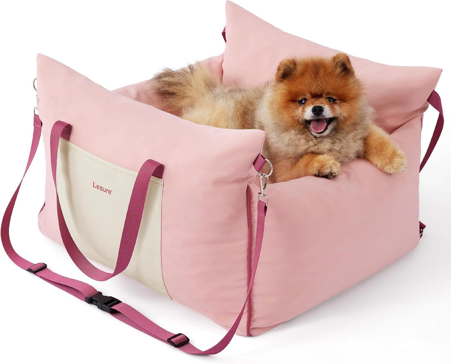 Lesure Small Dog Car Seat for Small Dogs -Soft Dog Booster Seat for Car with Storage Pocket and Clip-On Safety Leash and Thickened Memory Foam Filling, Pet Travel Carrier Bed Strawberry Cream