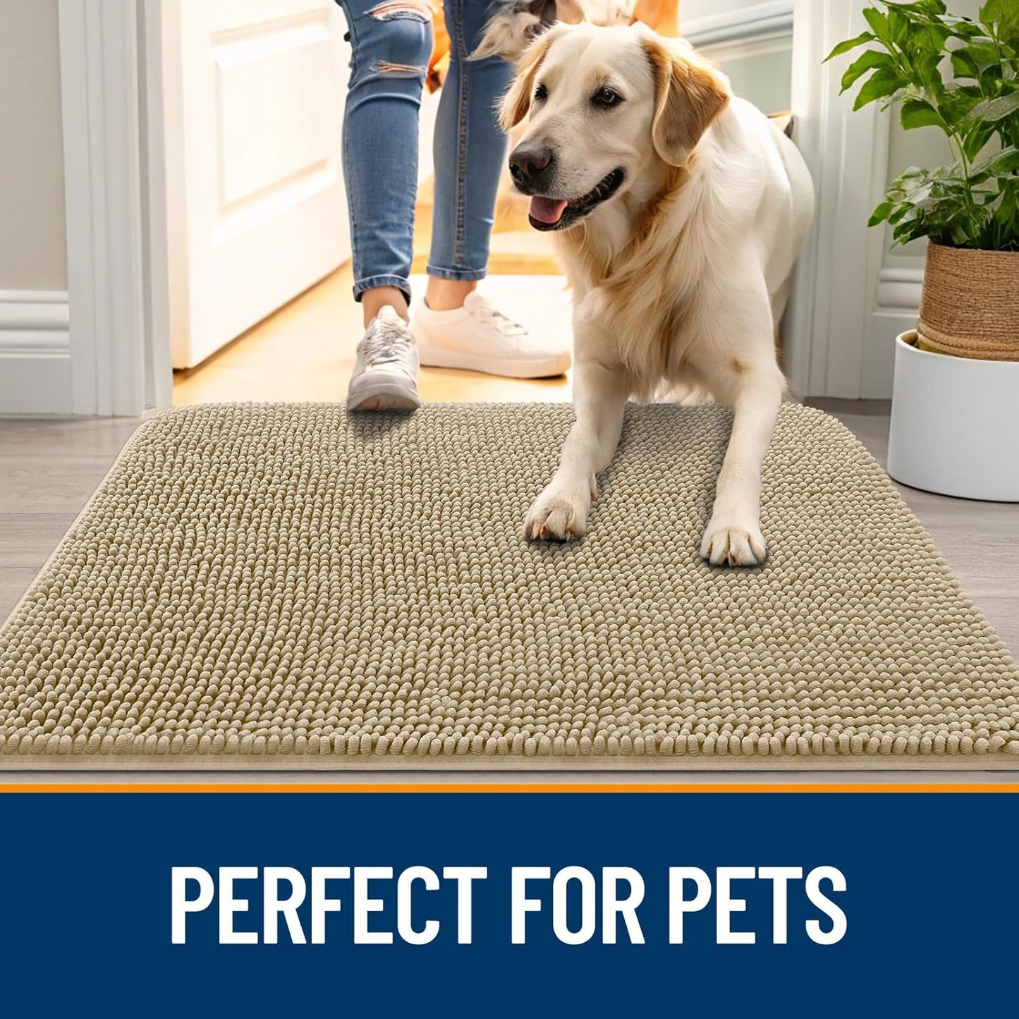 OLANLY Dog Door Mat for Muddy Paws 59x35, Absorbs Moisture and Dirt, Absorbent Non-Slip Washable Doormat, Quick Dry Chenille Mud Mat for Dogs, Entry Indoor Entryway Carpet for Inside Floor, Beige