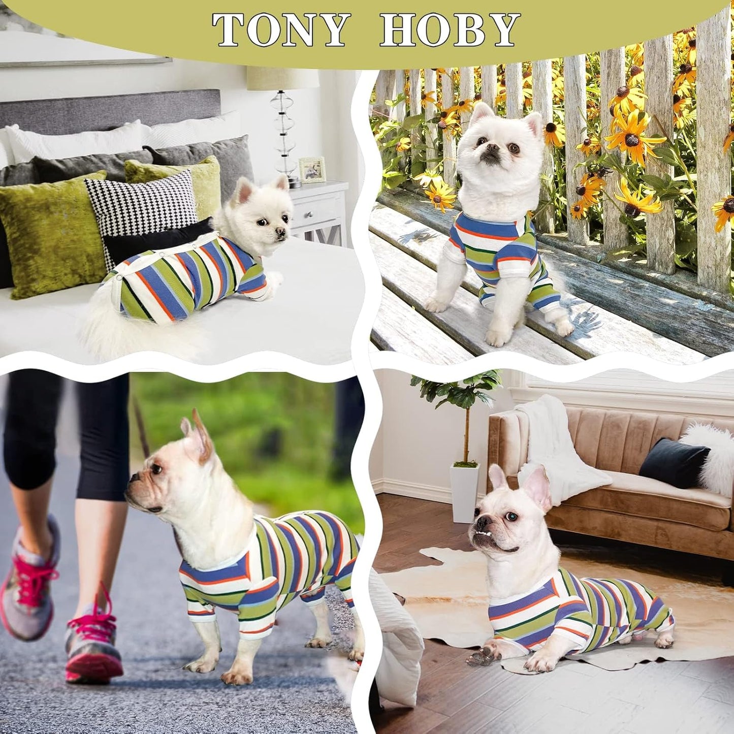 TONY HOBY Dog Pajamas, Dog Jumpsuit, Colorful Dogs Shirt, Dogs Surgery Recovery Suit for Small Medium Breeds (Blue&White, Boy, XS)