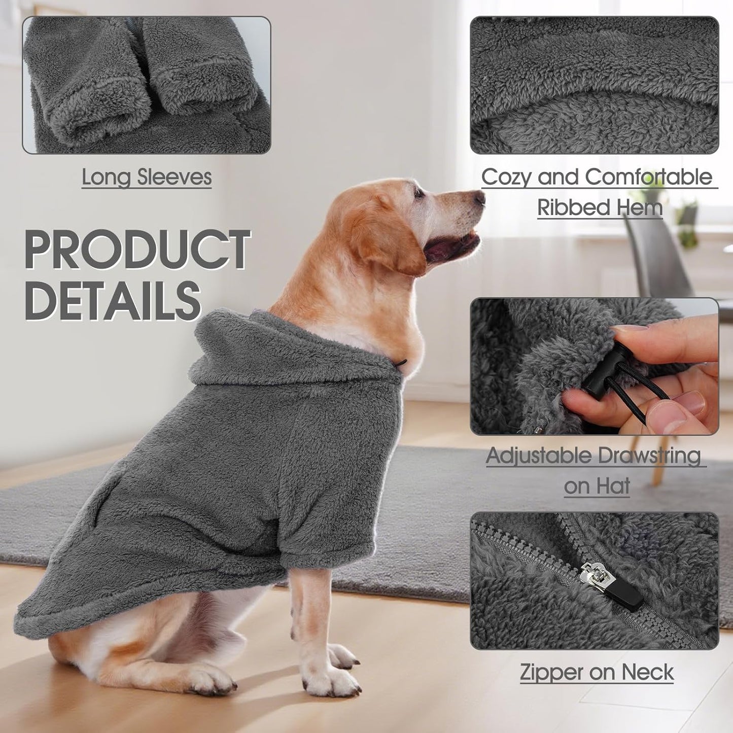 IDOMIK Fuzzy Dog Sweater with Adjustable Hood, Warm Fleece Dog Sweater Hoodie with Harness Hole & Pocket, Pullover Sweaters for Large Dogs, Fuzzy Hooded Sweatshirt for Fall Winter Christmas,Grey,3XL