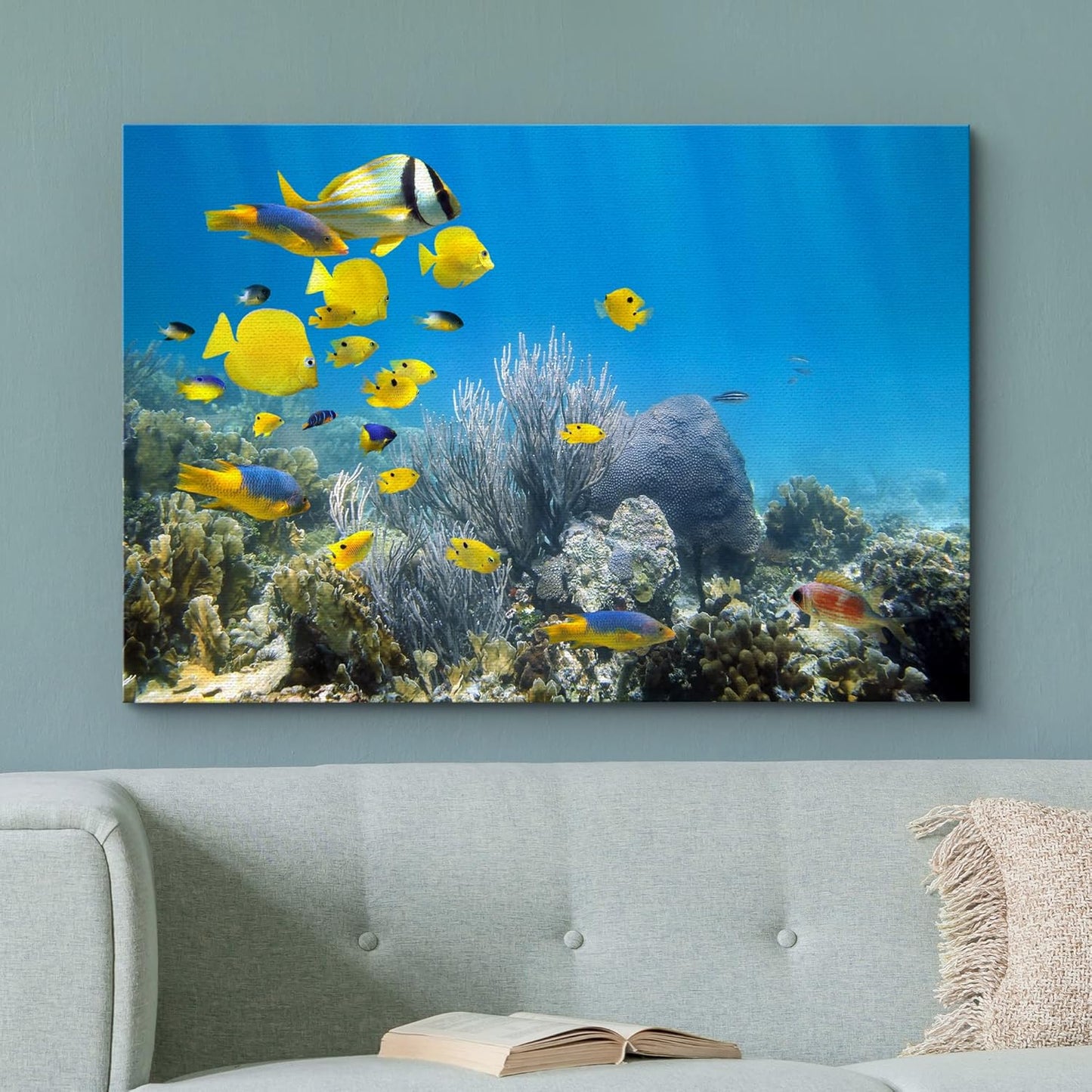 wall26 Canvas Print Wall Art Yellow School of Fish with Blue Coral Reef Nature Ocean Photography Realism Nautical Scenic Relax/Calm Multicolor Ultra for Living Room, Bedroom, Office - 12"x18"