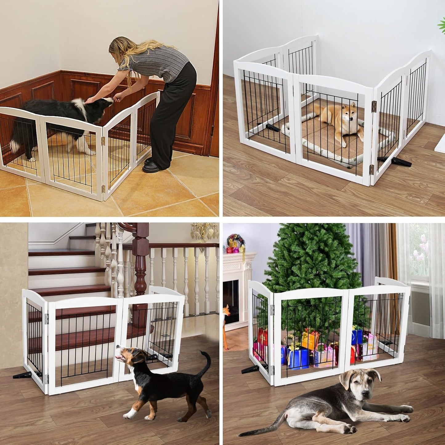 ZJSF Freestanding Dog Fence Indoor, Foldable Dog Gate for Doorways, Stairs or Hallways, Sturdy Wood Extra Wide Pet Gate with Support Feet for The House, White, 24 "Height-4 Panels
