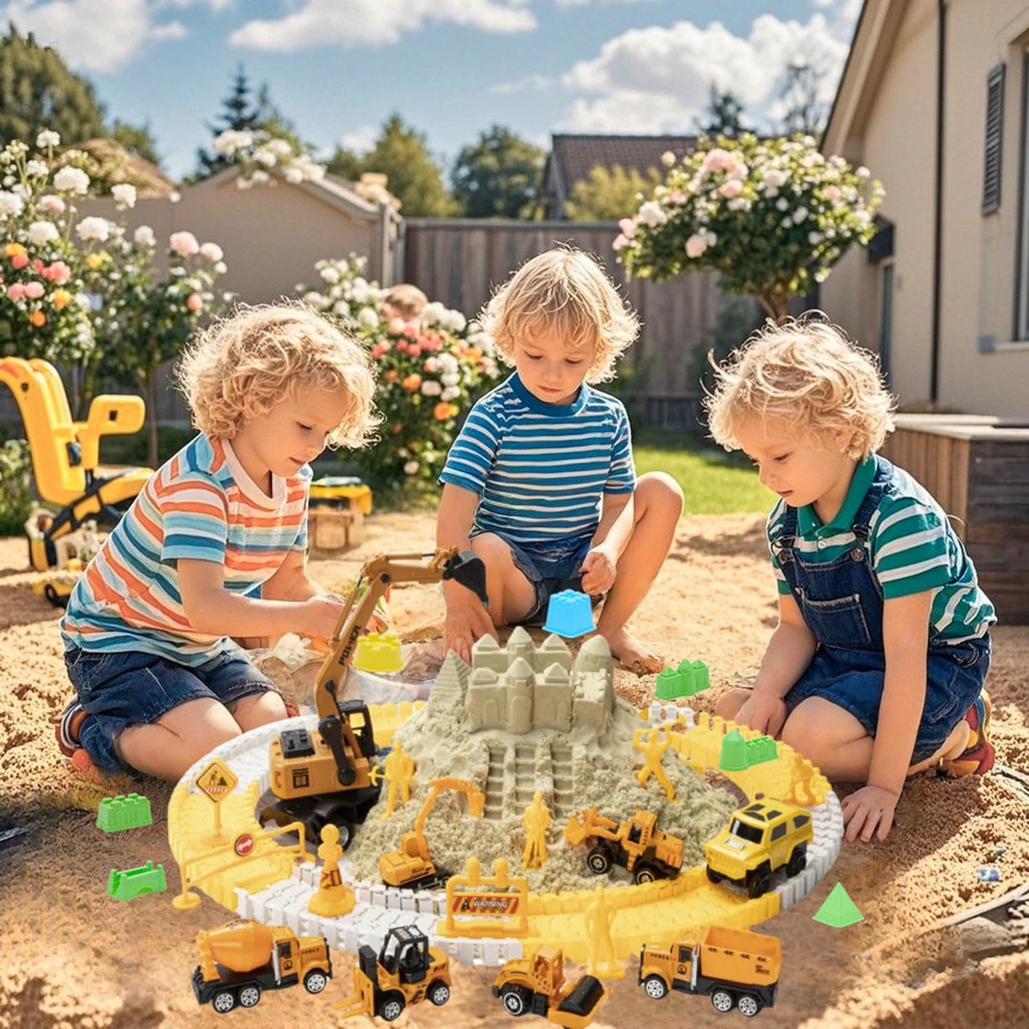 Sand Construction Kit, 2.2lbs Play Sand with Sandbox, 1 Toy Mat 8 Alloy Construction Trucks Race Tracks 10 Sand Molds Sensory Bin Toys for Toddlers Boys Girls Ages 3-8