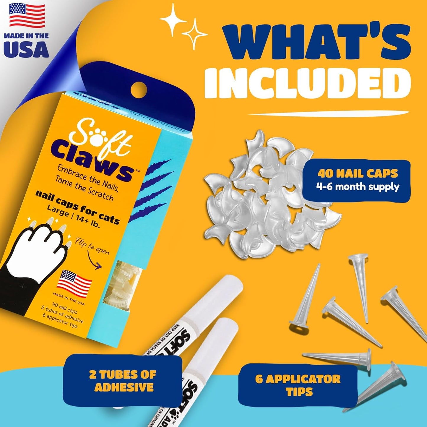 Soft Claws Cat Nail Caps for Large Cats – (Red, Blue & Gold, 40 Caps) - Made in USA - Veterinarian-Developed | Protects Furniture & Skin - Easy to Apply, Long-Lasting Anti-Scratch Soft Cat Claw Covers