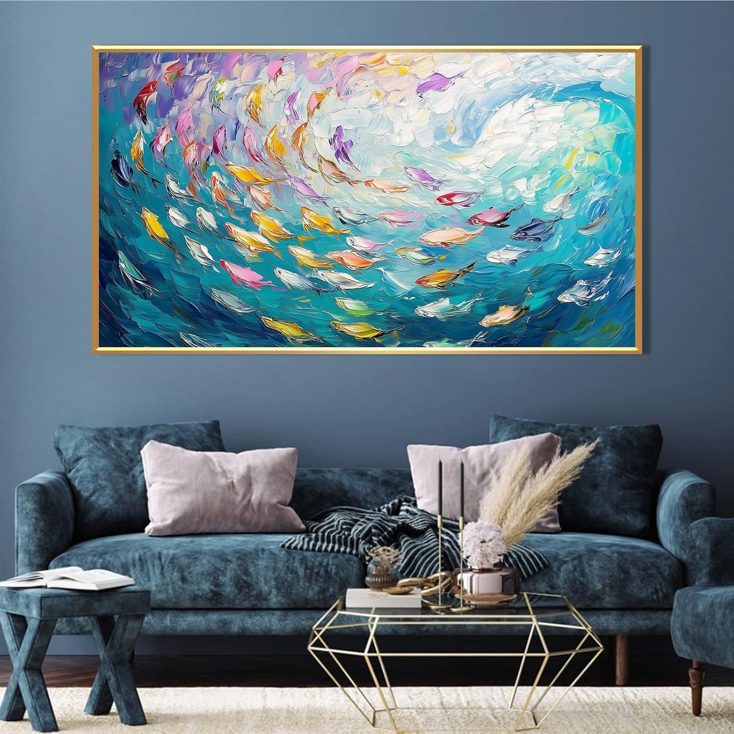 Fish Canvas Wall Art, Abstract School of Fish Canvas Wall Art, School of Fish Painting Canvas, School of Fish Wall Art, Fish Wall Decor, Fish Pictures Wall Decor, Bedroom Canvas Wall Decor (Black Framed, 48"x27" | 122x68cm)