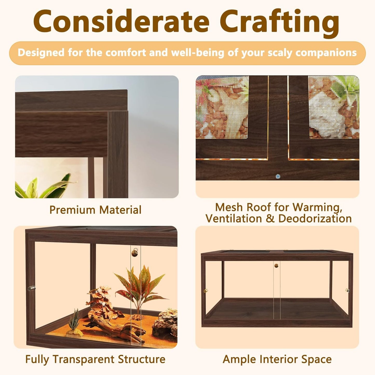 PROLEE Bearded Dragon Tank,34 Gallon Reptile Tank with Meatl Mesh Roof and Front Sliding Door, Anti-Scratch Lizard Tank,Spacious Reptile Enclosure for Snakes,Lguanas, Chameleons(Walnut)