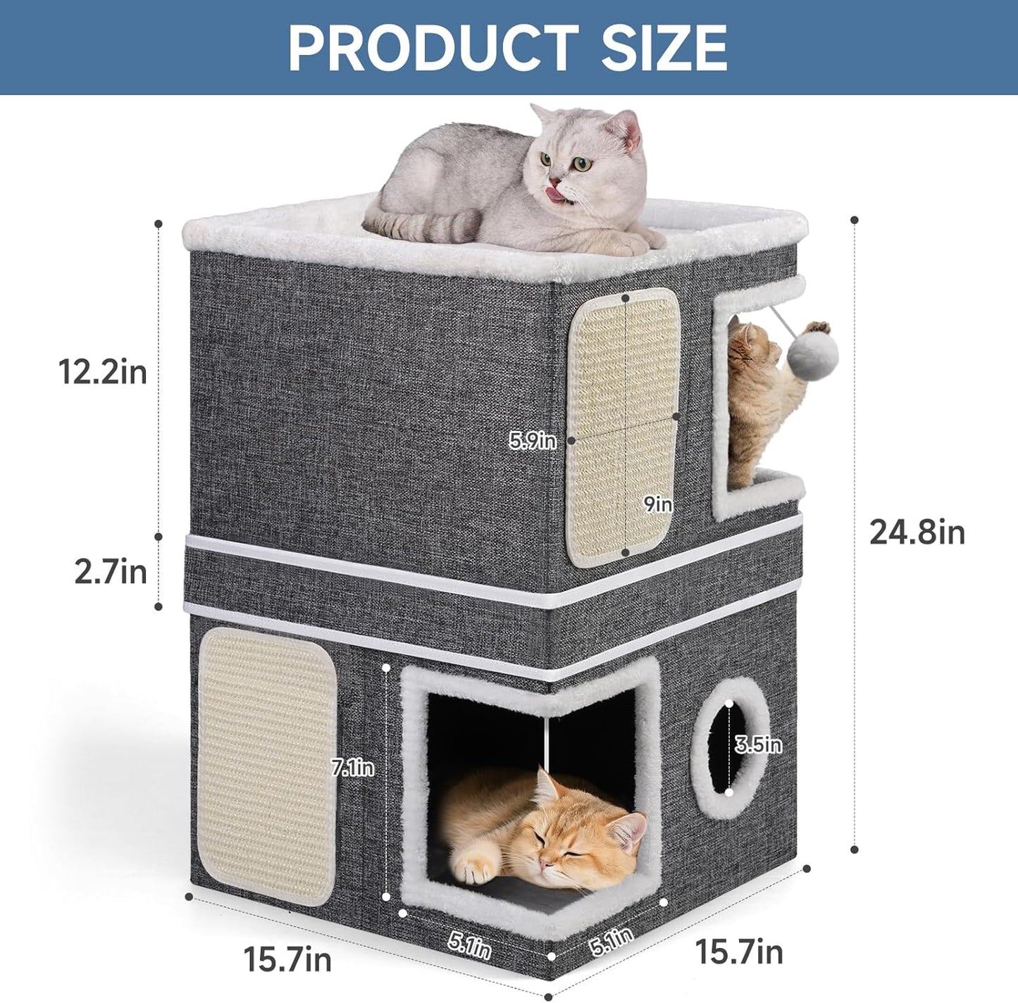 2-Storey Cat House for Indoor Cats, Separate Into 2 Large Cat Bed Cave with Hideaway Condos, Scratch Pads, Hanging Balls, Foldable Indoor Cat House Hold Up to 30LBS, Cat Cube for Multiple Cats Kitten