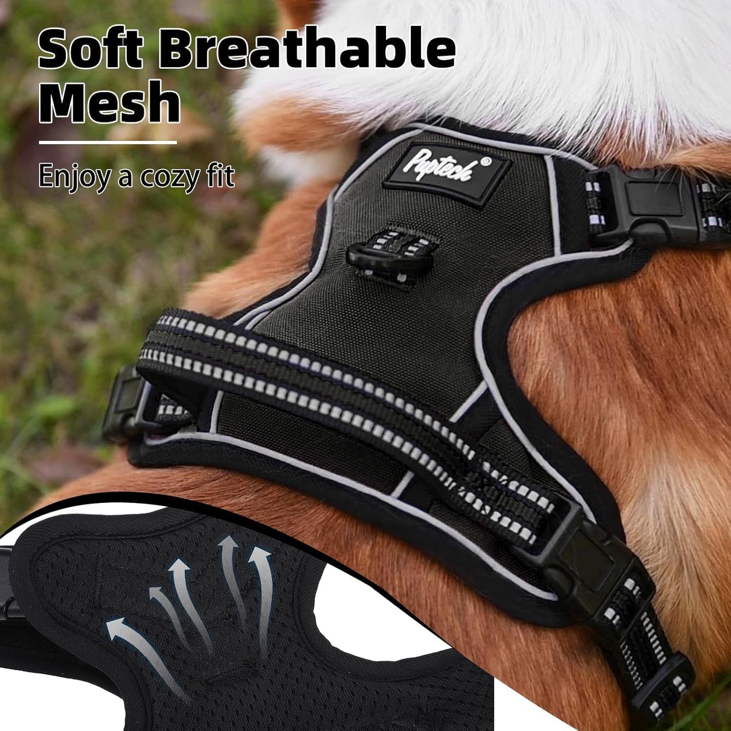 PUPTECK No Pull Dog Harness Medium Sized, Adjustable Reflective Dog Harness with Handle Easy Control, Comfortable Soft Padded Pet Vest Harness for Medium Dogs, Black M