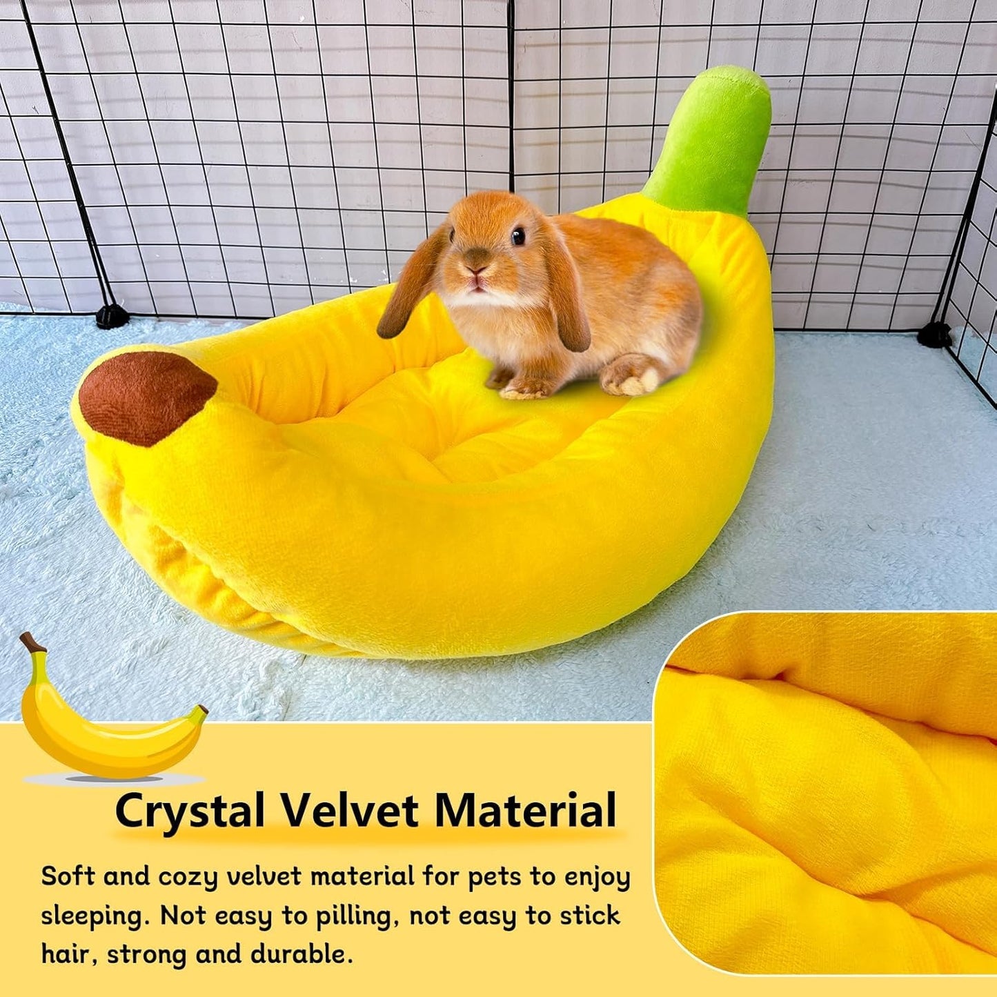 Rabbit Bed,Bunny Bed,Thick&Soft with Removable Mat,Machine Washable Guinea Pig Cushion,Cozy Rabbi Plush House,Warm Small Animal Sleeping Beds(Yellow Banana Shape-L)