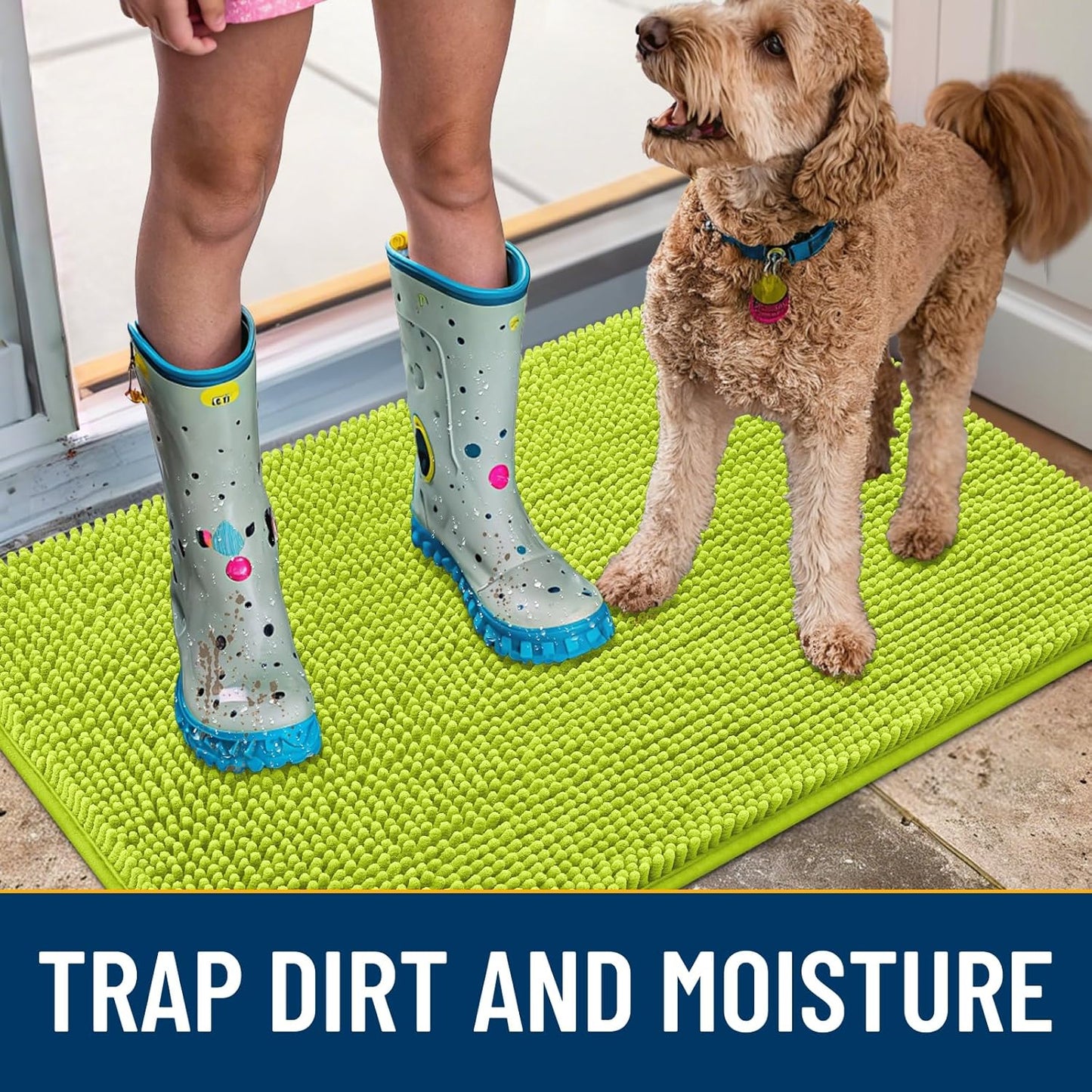 Smiry Dog Door Mat for Muddy Paws 30x20, Absorbs Moisture and Dirt Doormat, Non-Slip Washable Quick Dry Chenille Front Door Mat Indoor Entrance, Entryway Carpet for Inside Floor, Bright Green