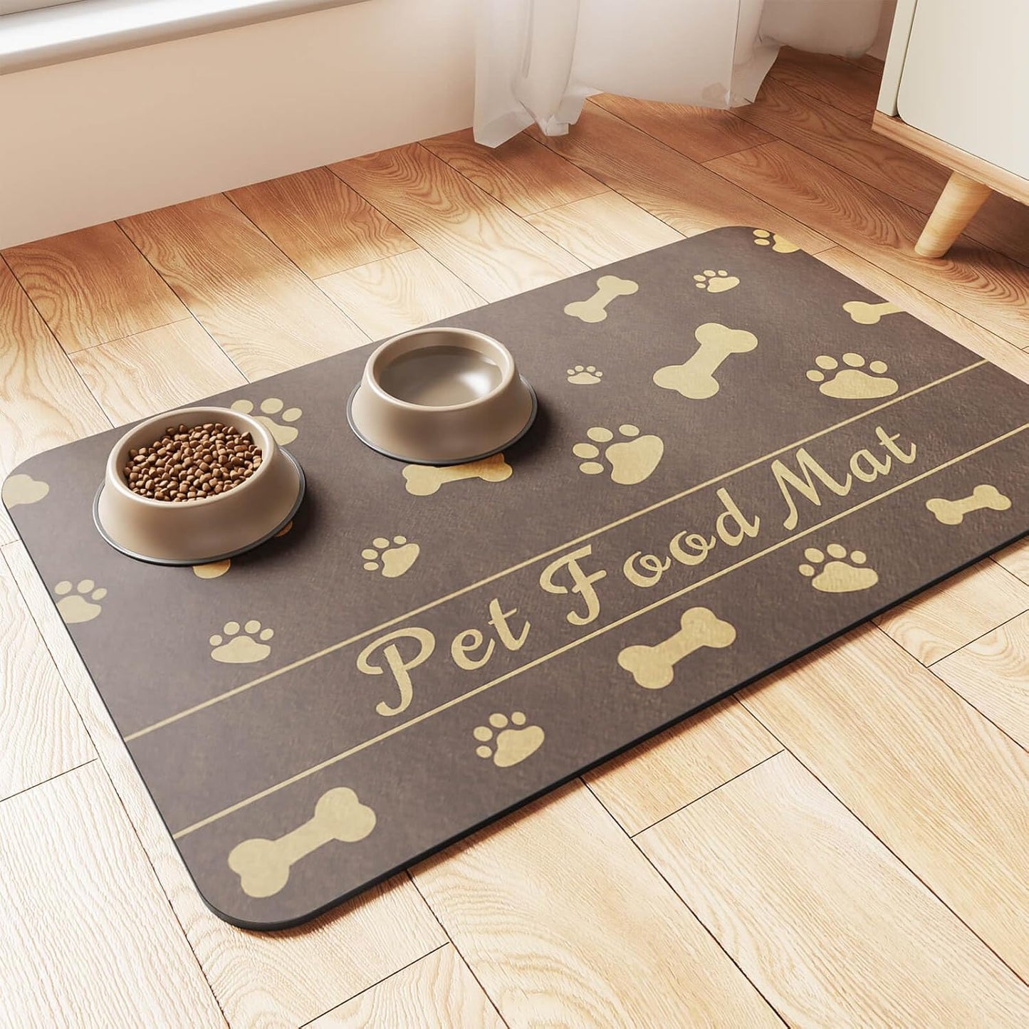 Pet Feeding Mat-Absorbent Pet Placemat for Food and Water Bowl, with Waterproof Rubber Backing, Quick Dry Water Dispenser Mat for Dog and Cat (16"x24", Brown)
