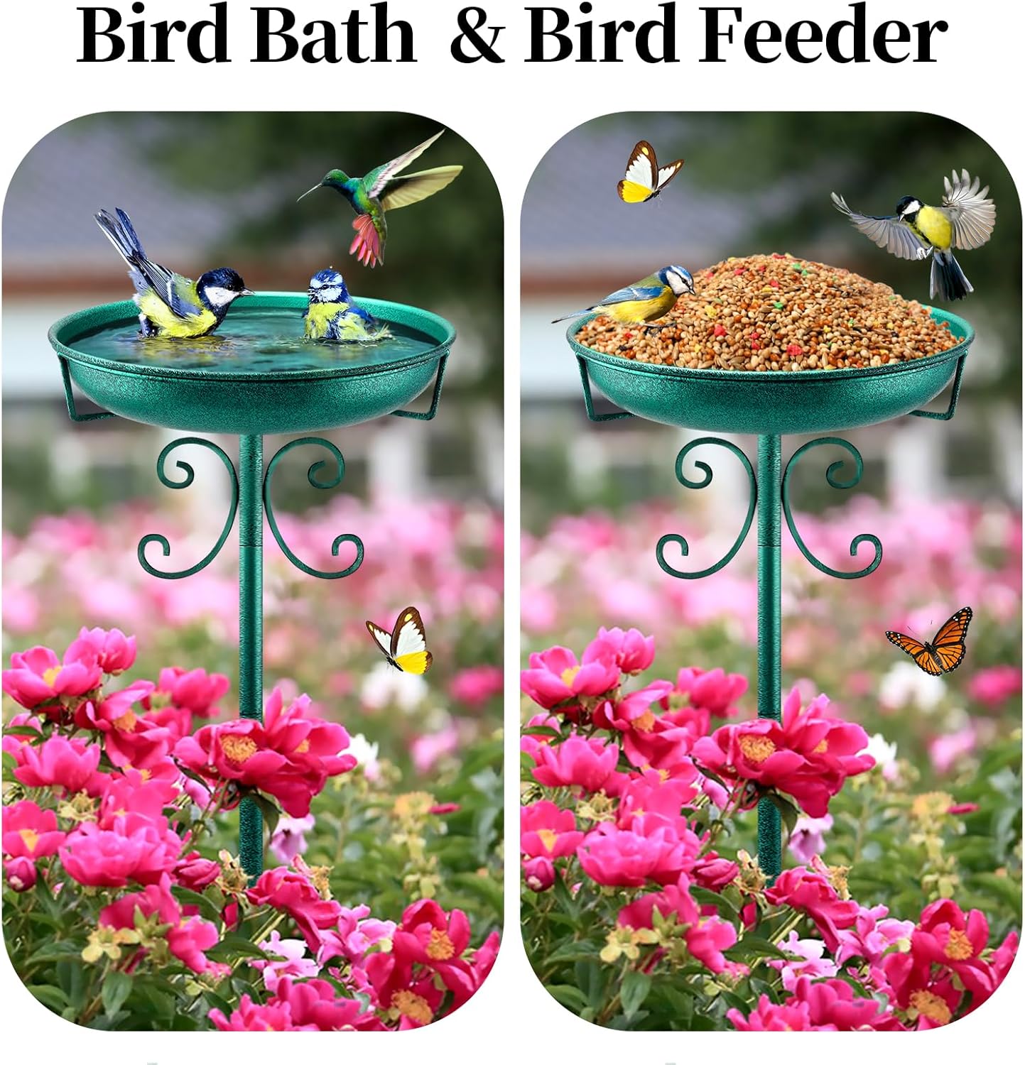 Daoeny 35In Metal Bird Bath for Outside, Vintage Freestanding Birdbaths & Birdfeeder, Bird Baths Feeder Bowl for Outdoors Garden Patio Yard Lawn Decor, Upgraded 5-Pronged Base (Green)