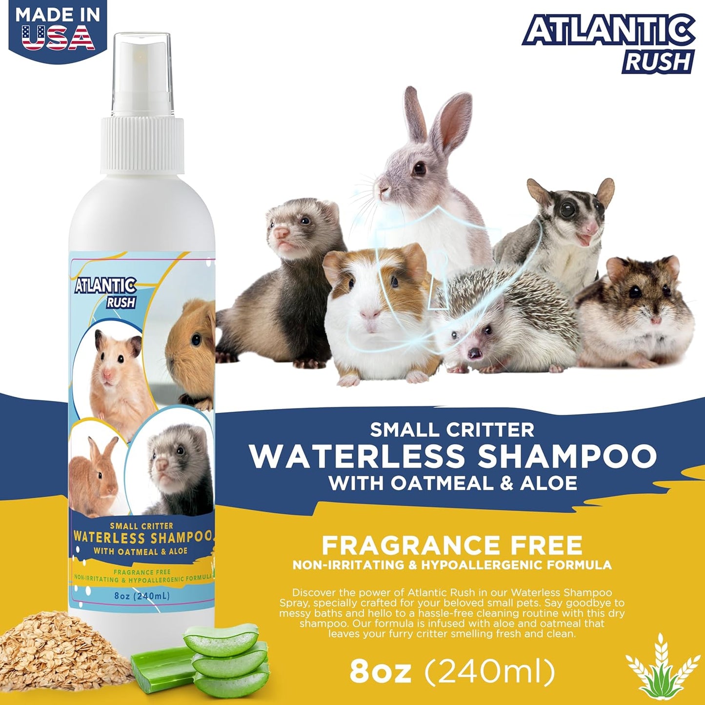 Waterless Shampoo for Small Critters - 8oz Fragrance Free, Cruelty Free Dry Shampoo - No Rinse for Pet Ferrets, Guinea Pigs, Hedgehogs, Sugar Gliders, Rabbits & Hamsters