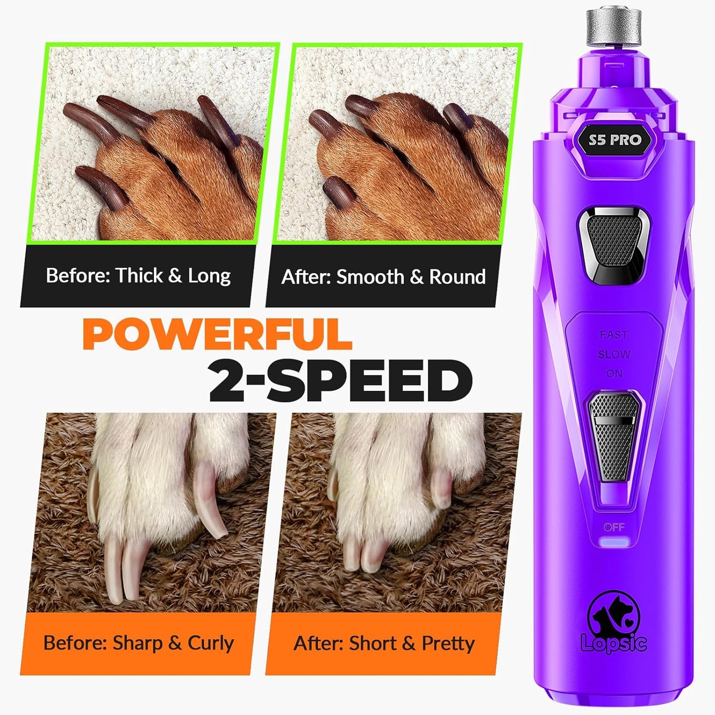 Dog Nail Grinder with 2 LED Lights Powerful 2 Speeds Super Quiet Dog Nail Trimmers with 3 Grinding Wheels Rechargeable Pet Dog Nail Clippers for Large Medium Puppy Dogs Dog Nail File Cat Nail Clipper
