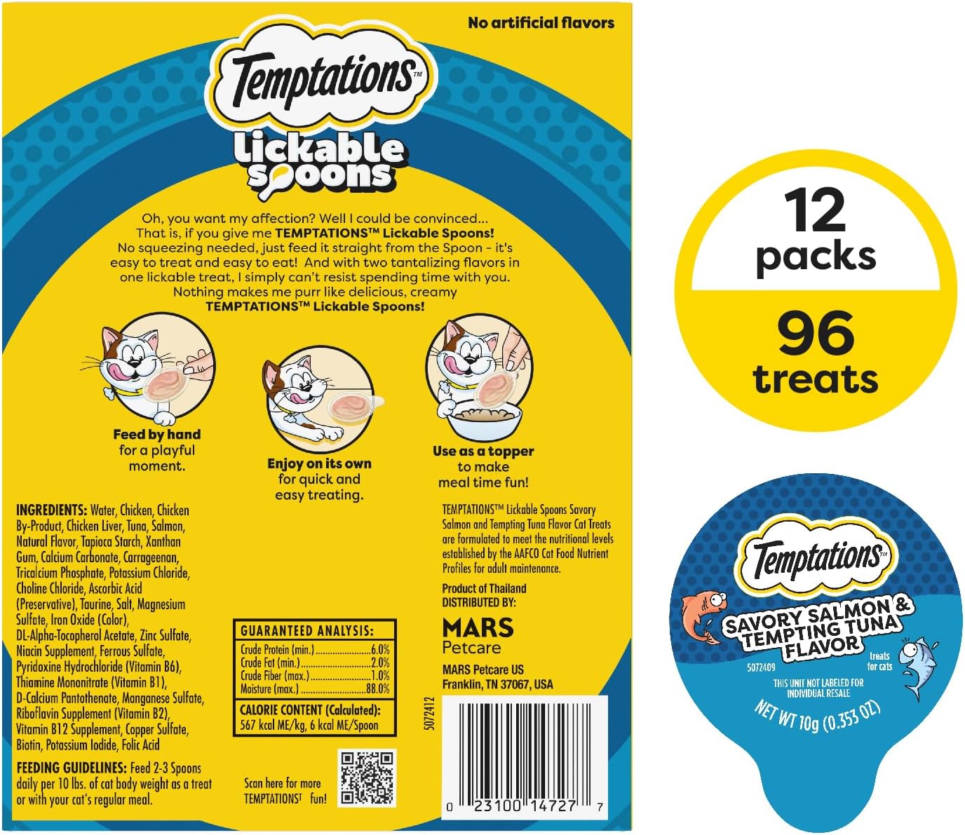 Temptations Lickable Spoons Adult Wet Cat Treat, Savory Salmon and Tempting Tuna Flavor, 8 Spoons, Pack of 12 (96 Total)