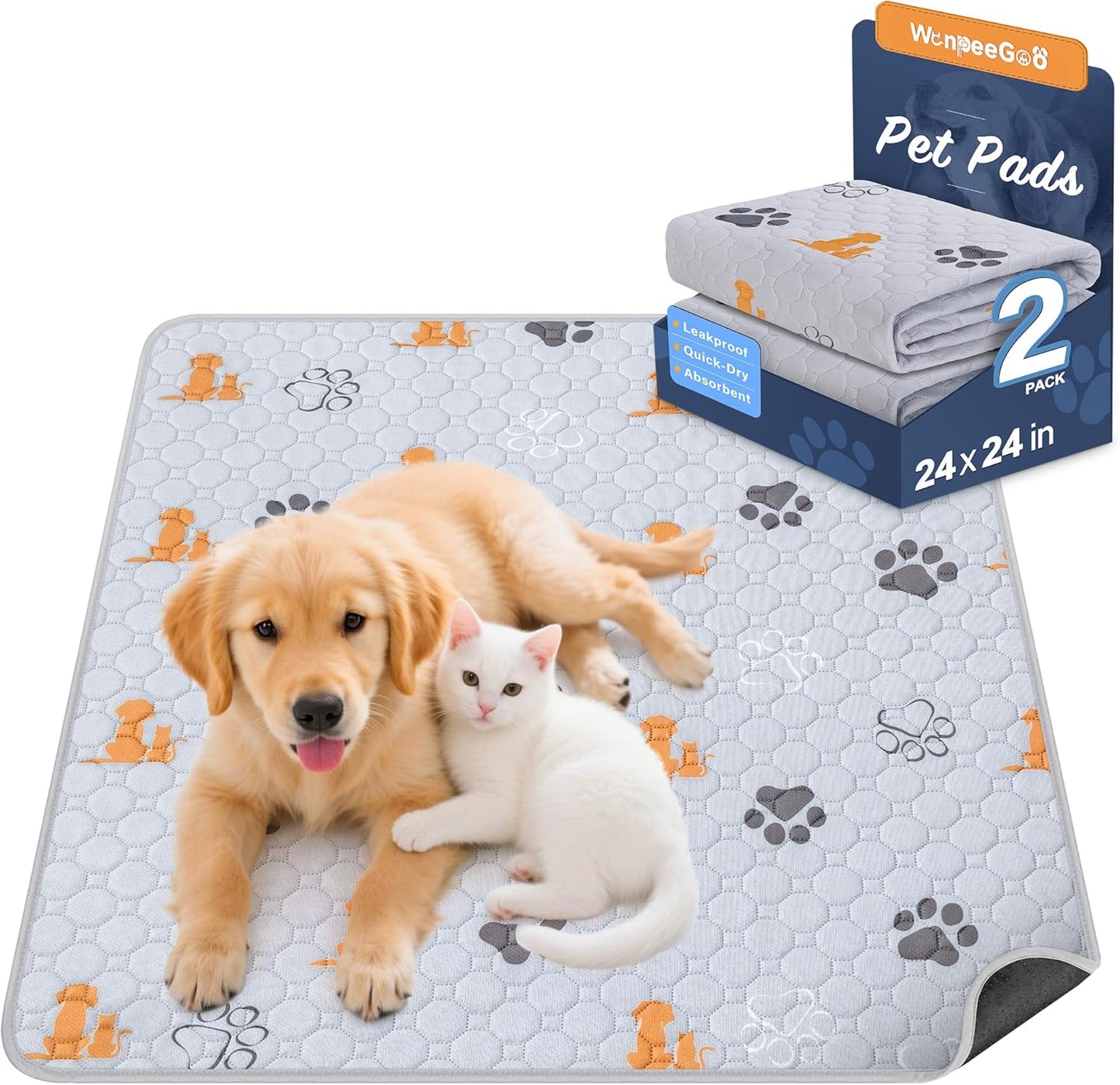 Washable Pee Pads for Dogs, 2 Pack Absorbent Reusable Training Dog Pads Pet Puppy Pads, Non-Slip Potty Pads for Whelping, Playpen, Crate, Bed, Orange, 24"x24"