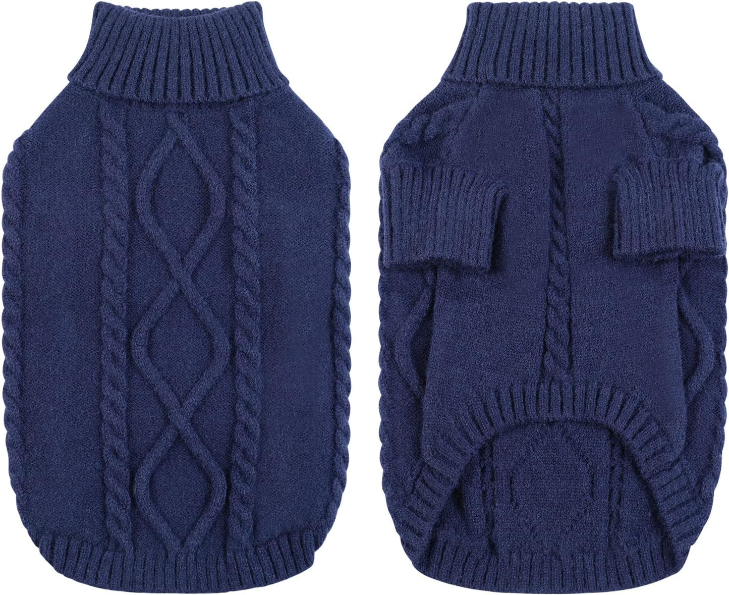 Queenmore Small Dog Pullover Sweater, Cold Weather Cable Knitwear, Classic Turtleneck Thick Warm Clothes for Chihuahua, Bulldog, Dachshund, Pug (Dark Navy, Small)