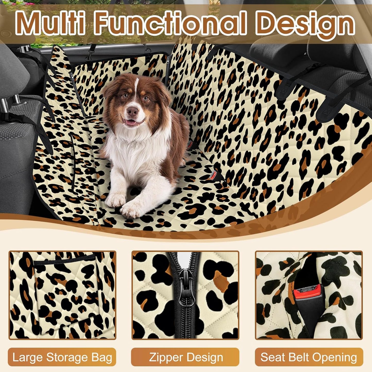 Dog Car Seat Cover, Durable Waterproof Scratch Proof Nonslip Dog Hammock, Back Seat Covers with Pocket for Cars SUVs and Trucks - S, Leopard/Black