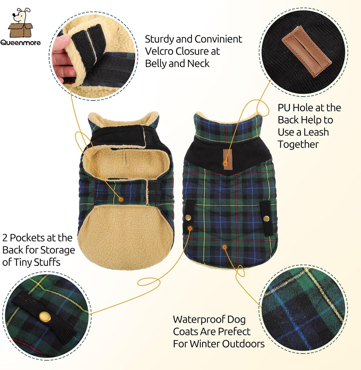 Queenmore Dog Winter Coat Warm Dog Jacket for Cold Weather, Quilting Puffer Plaid Coats for Small/Medium Dogs Waterproof,Girl/Boy Pet Christmas Coat,Pet Snowsuit with Leash Hole/Fleece Padding, XL