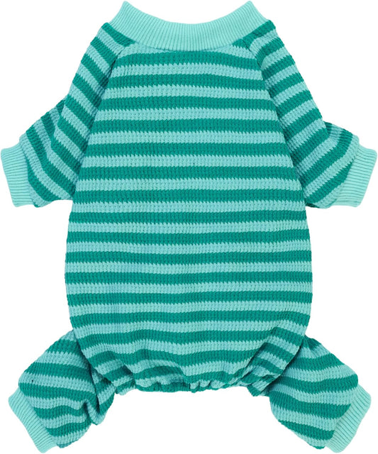 Fitwarm Green and Teal Striped Dog Pajamas, Waffle Dog Clothes for Small Dogs Girl Boy, Puppy Onesie with Feet, Pet Cat Outfit, Medium