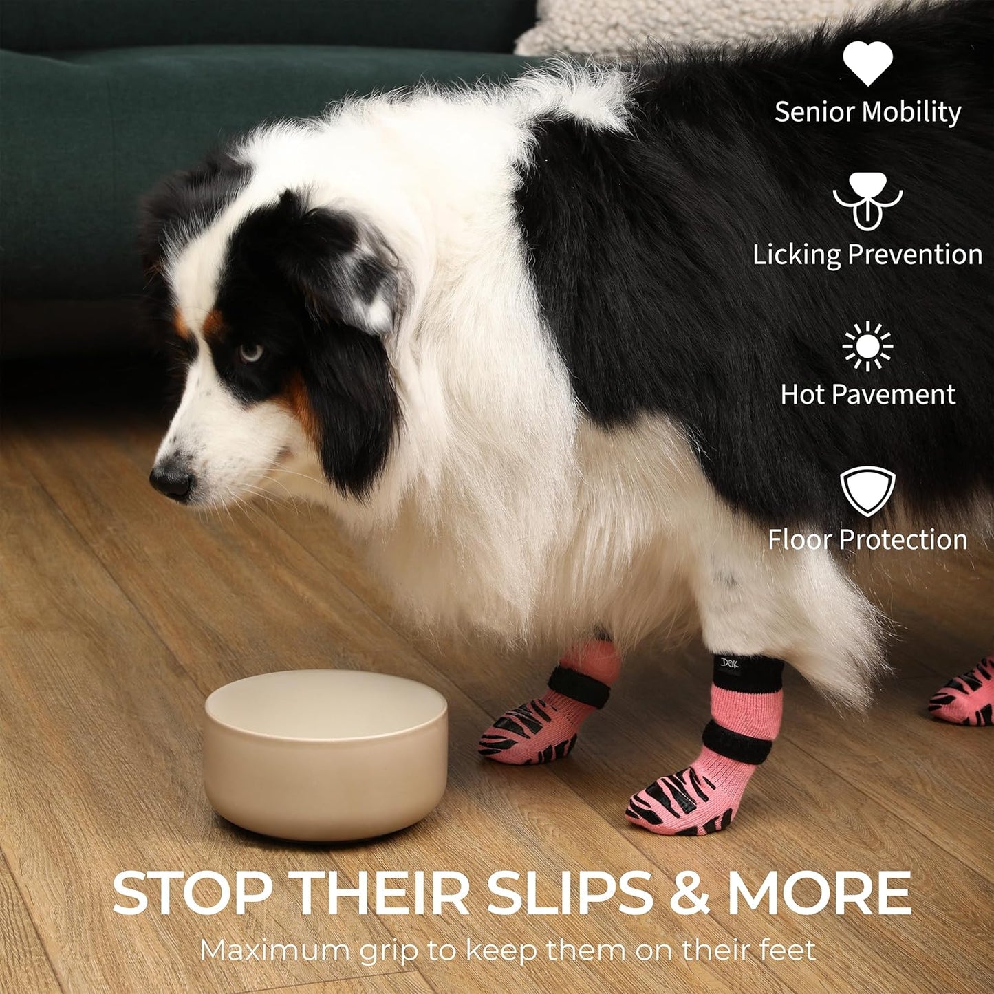 DOK TigerToes Premium Non-Slip Dog Socks for Hardwood Floors - Extra-Thick Grip That Works Even When Twisted - Prevents Licking, Slipping, and Great for Dog Paw Protection (XXS, Sassy Pink)