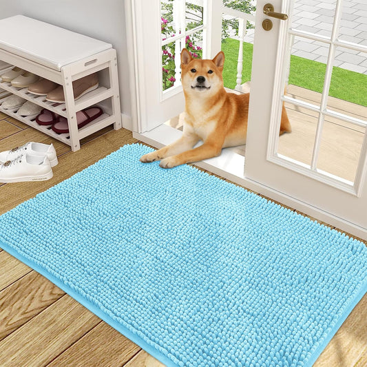 OLANLY Dog Door Mat for Muddy Paws 48x30, Absorbs Moisture and Dirt, Absorbent Non-Slip Washable Doormat, Quick Dry Chenille Mud Mat for Dogs, Entry Indoor Entryway Carpet for Inside Floor, Blue
