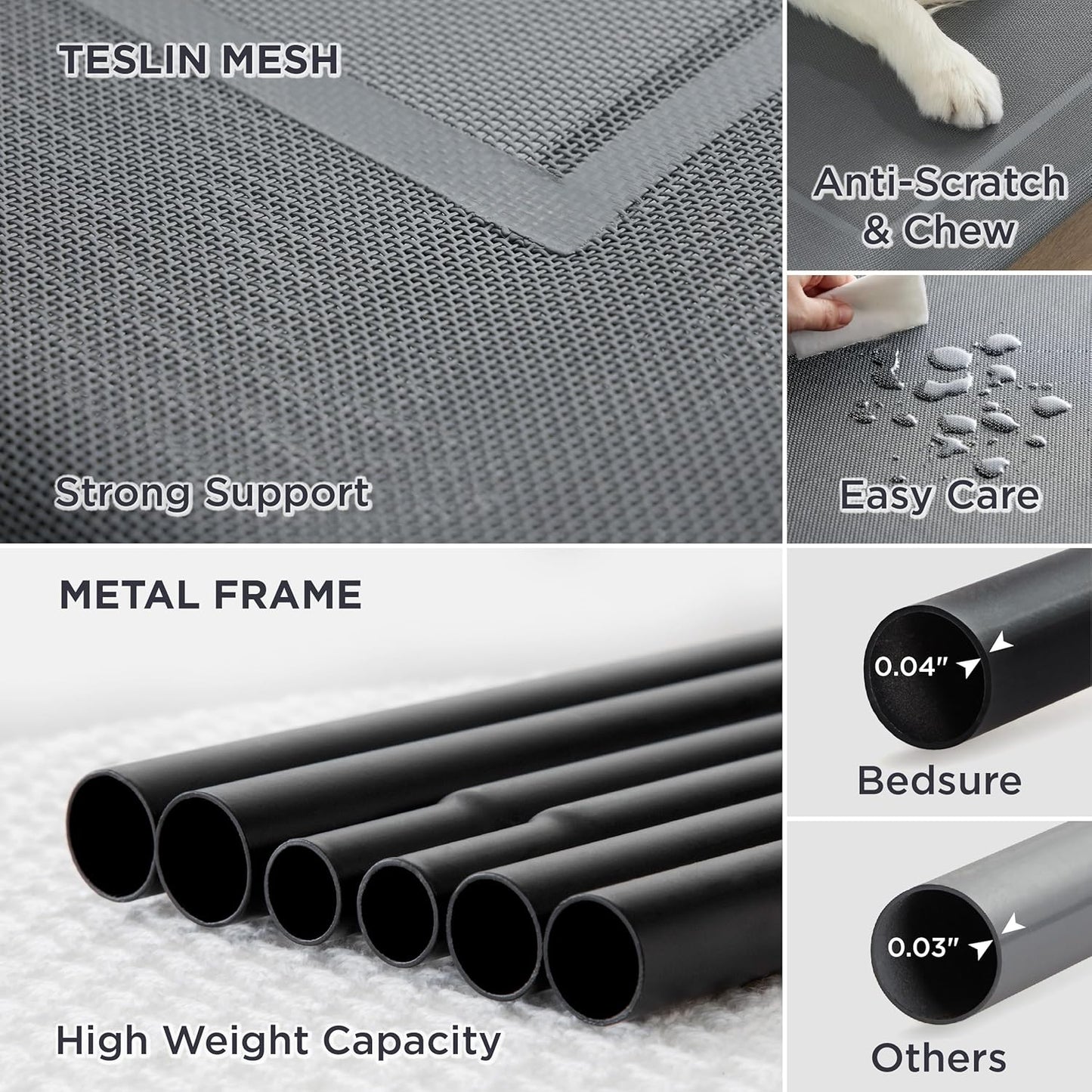 Bedsure Outdoor Elevated Dog Bed Medium Size Dog, Portable Indoor & Outdoor Cooling Raised Cot Pet Hammock Bed with Skid-Resistant Feet, Frame with Breathable Mesh, Grey, 43 inches