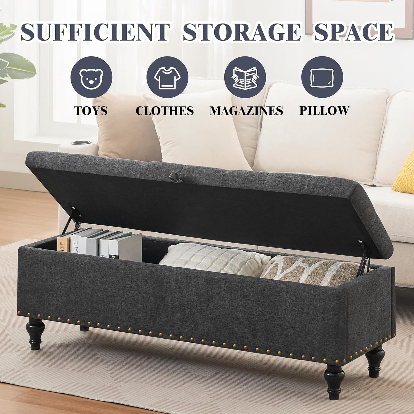 Mangodan51” Linen End of Bed Storage Bench, Tufetd Upholstered Storage Ottoman Bench with Safety Hinge, 330 lb Large Ottoman with Storages for Living Room, Entryway & Bedroom, Window Benches, Grey