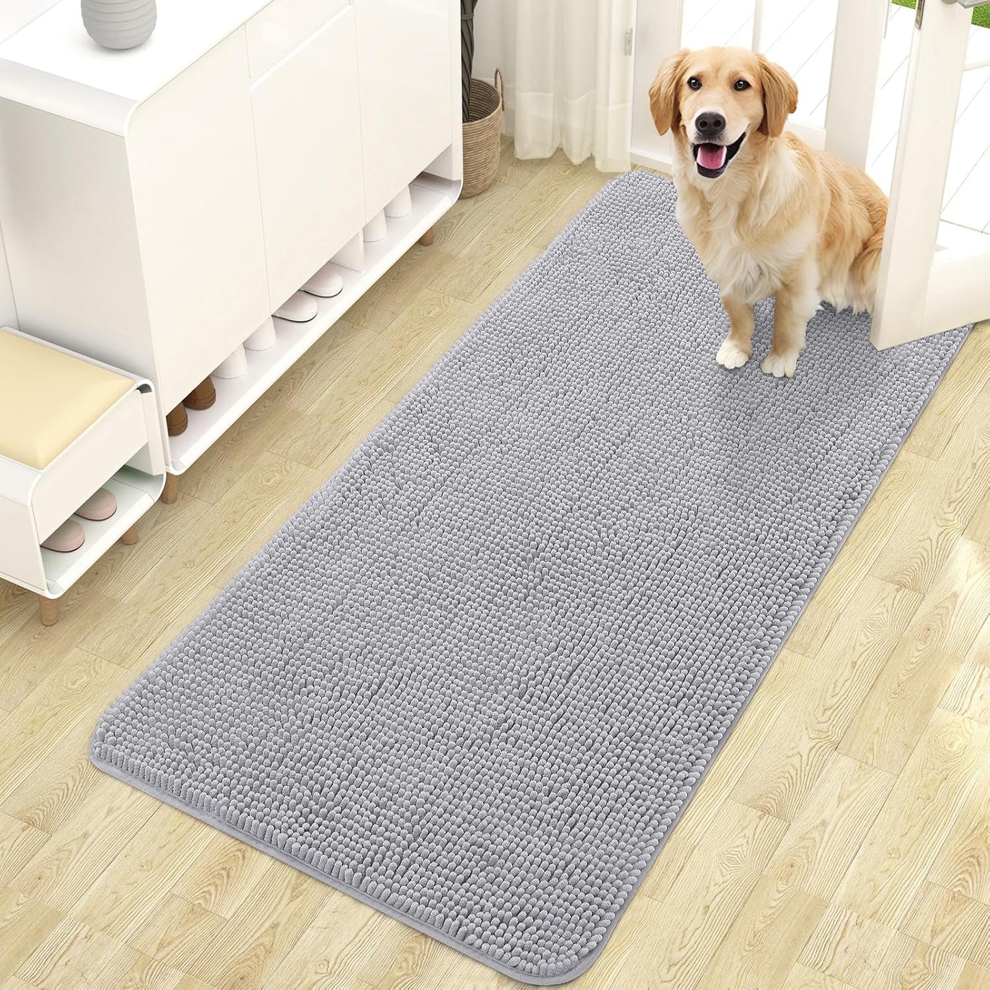 OLANLY Dog Door Mat for Muddy Paws 47x24, Absorbs Moisture and Dirt, Absorbent Non-Slip Washable Doormat, Quick Dry Chenille Mud Mat for Dogs, Entry Indoor Entryway Carpet for Inside Floor, Light Grey
