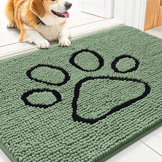 Smiry Dog Door Mat for Muddy Paws, Absorbent Dirt Trapper Non Slip Quick Dry Washable Chenille Mat for Mud Dogs, Entry Rug for Indoor and Outdoor (30x20 Inches, Olive Green and Black)