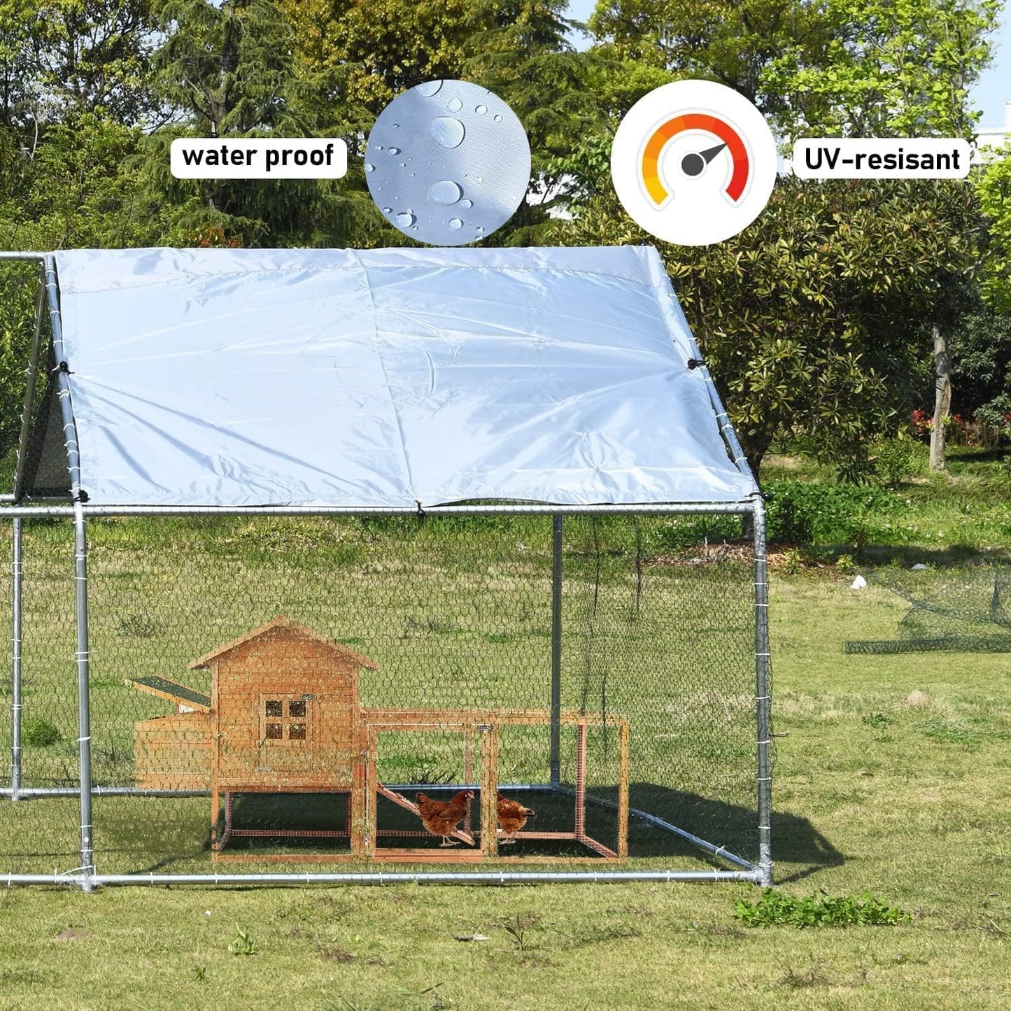 1.26’’ Large Metal Chicken Coop Walk in, Chicken Pen for Chickens, Outdoor Chicken Runs Coops Dog Kennel, Spire Roofed Chicken Runs for Yard with Anti-Ultraviolet Cover (9.8’Lx26.2’Wx6.4’H)