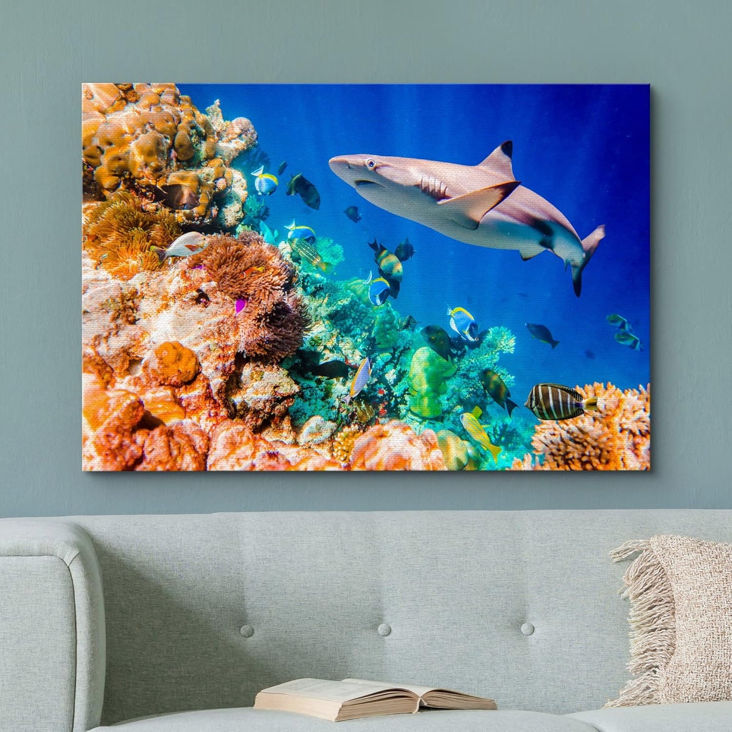 wall26 Canvas Print Wall Art Shark Fish Multicolor Coral Reef Ocean Sea Nature Animals Photography Realism Rustic Scenic Landscape Wilderness Earth for Living Room, Bedroom, Office - 24"x36"