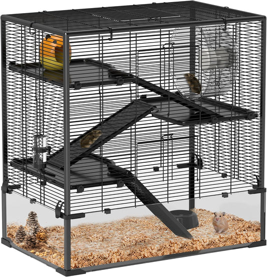 PawHut Large Hamster Cage with Deep Tempered Glass Bottom, 4 Tiers Hamster Tank with Running Wheel, Hut, Water Bottle, Dish, Rat Cage for Syrian, Dwarf, Gerbils, Mouse, 31" x 19" x 31.5", Black