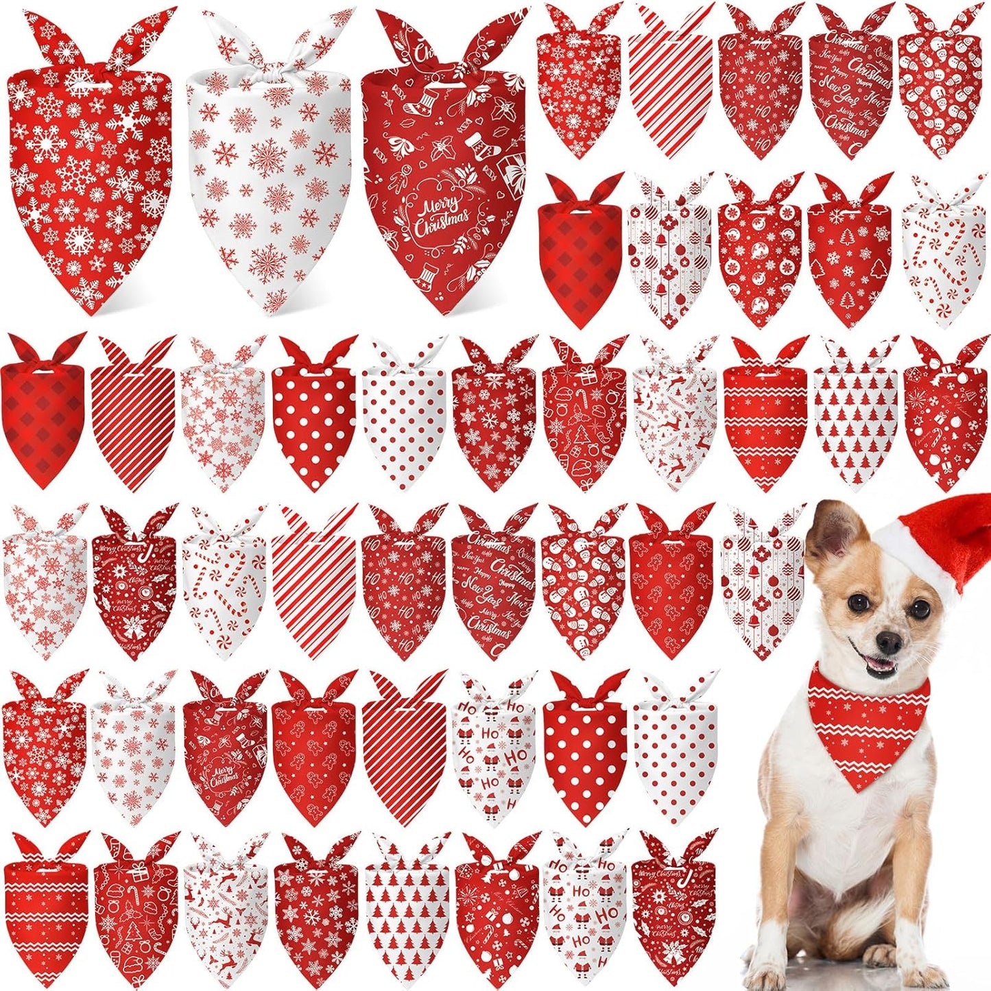 Abbylike 50 Pcs Christmas Dog Bandanas Bulk Xmas Red and White Bandanas for Dogs Triangle Kerchief Bibs Scarf Set for Pet Christmas Costume Photo Props Accessories Pet Shops (31.5 x 21.7 x 21.7)