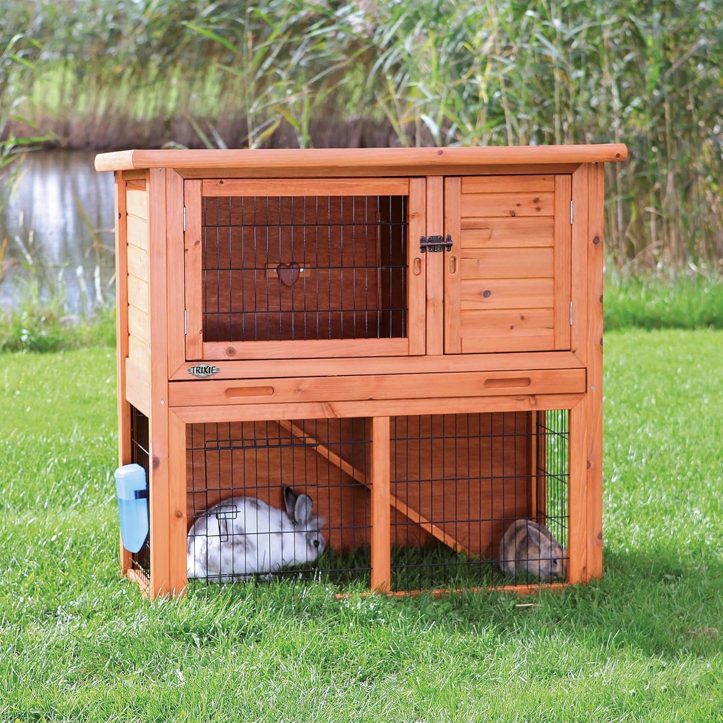 TRIXIE natura Outdoor Rabbit Hutch with Run - 2-Story Rabbit Cage with Non-Slip Ramp - Medium Elevated Small Animal House with Secure Playpen, Hinged Roof & Pull-Out Tray - in Brown