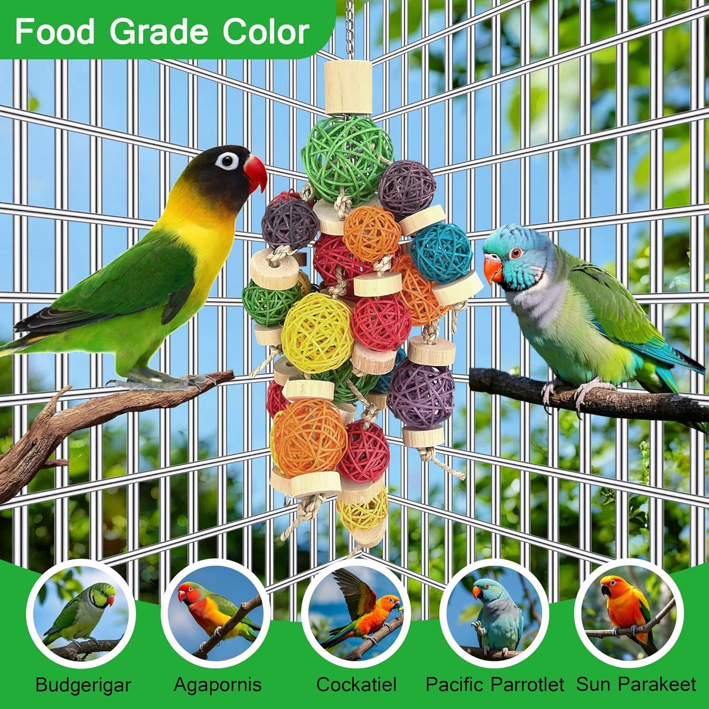 LUCKITTY 22" Bird Toys for Large Parrots - Natural Wood, Rattan Ball & Corn Cob Chewing Toys with Edible Colors | Safe for Macaw, Cockatoo, Conures | Cage Hanging Enrichment Accessories