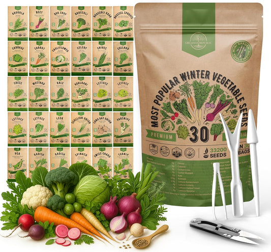 Organo Republic 30 Most Popular Winter Vegetable Garden Seeds Variety Pack- Outdoors/Indoor 33,200+ Non-GMO Heirloom Veggie Seeds Broccoli Beet Carrot Cabbage Chives Lettuce Radish Pea Spinach & More