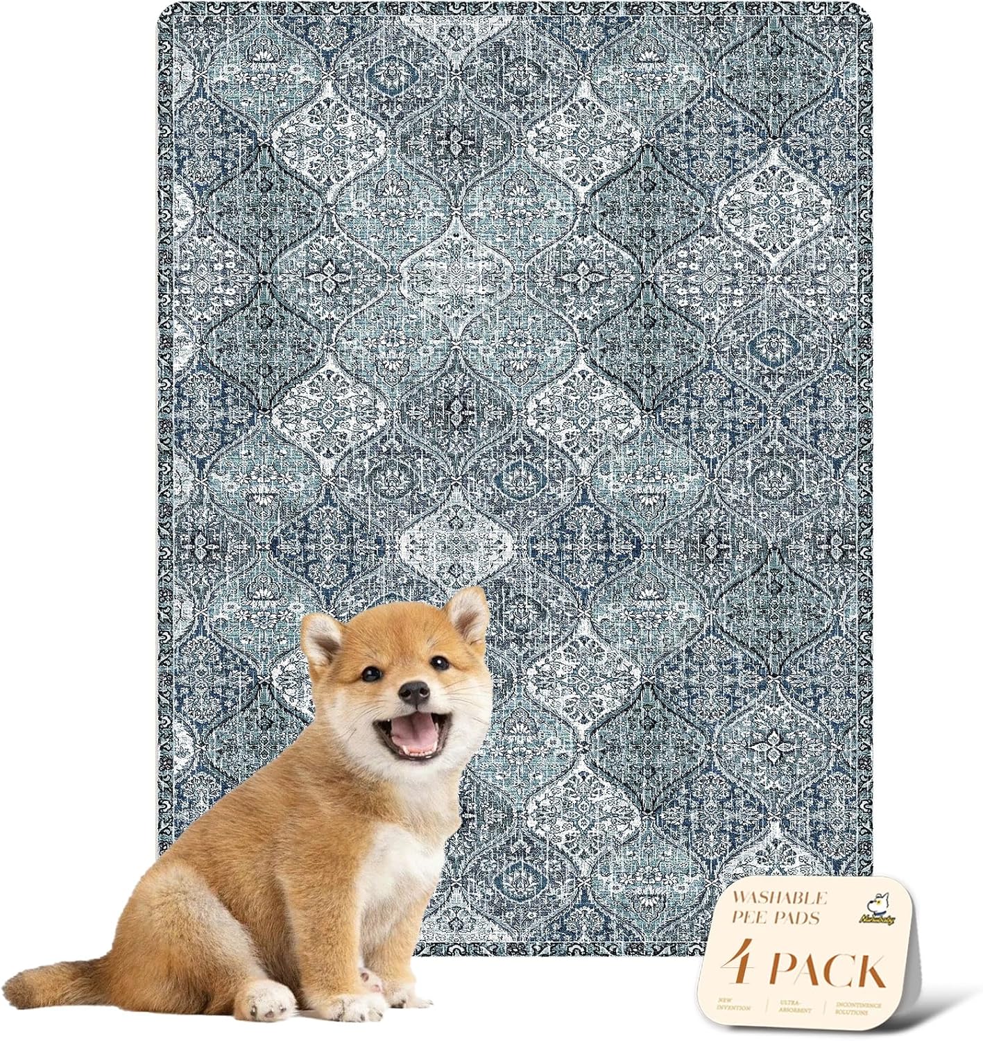 nunubaby 4PACK Washable Pee Pads for Dogs, Stylish, Non-Slip and Leak-Proof Pee Pads. Reusable Potty Pads for Dogs for Crates and Floors.(Blue/Multi, 18" x24" )