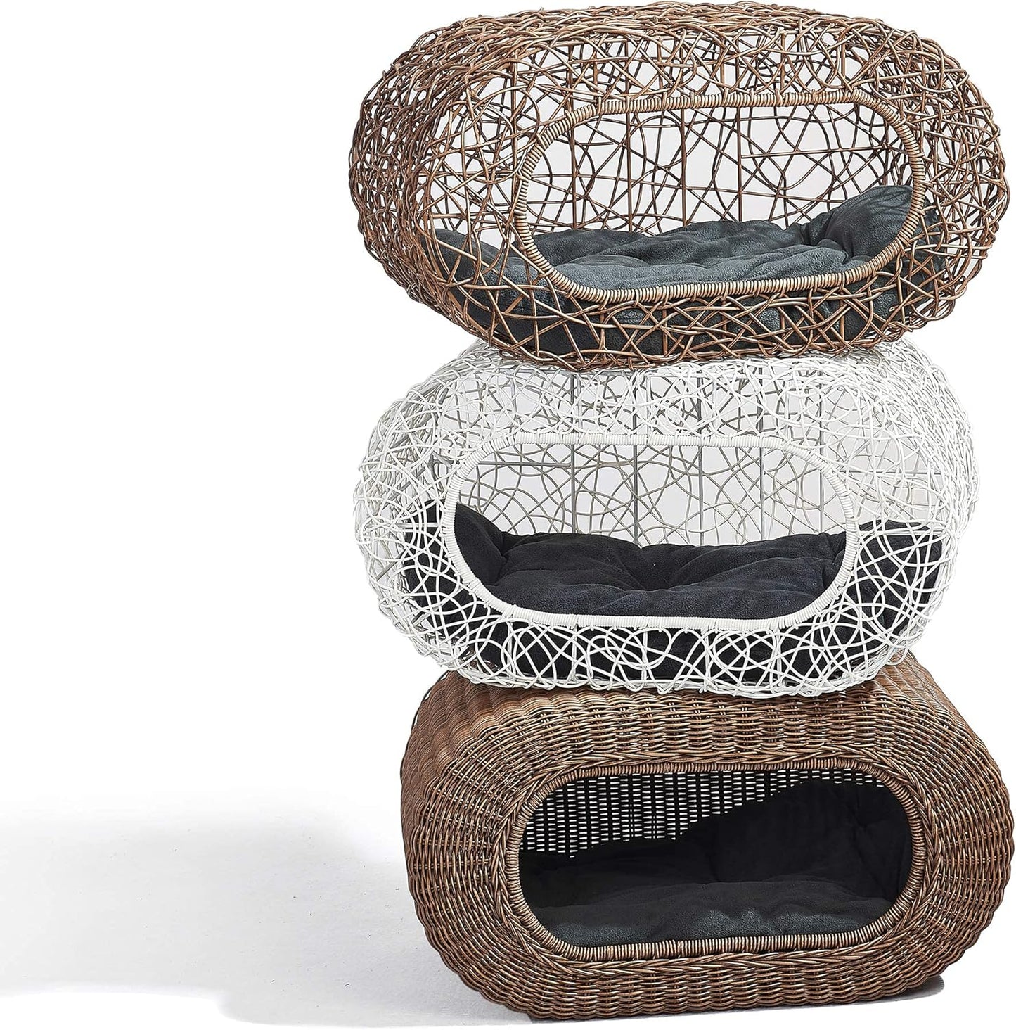 Fun Stackable Cat Condo for Indoor Cats - Interactive Play Faux Rattan Cat House for Indoor Cats Kitty, Pet Friendly Top/Side House Entry, Cat Bed Enclosed