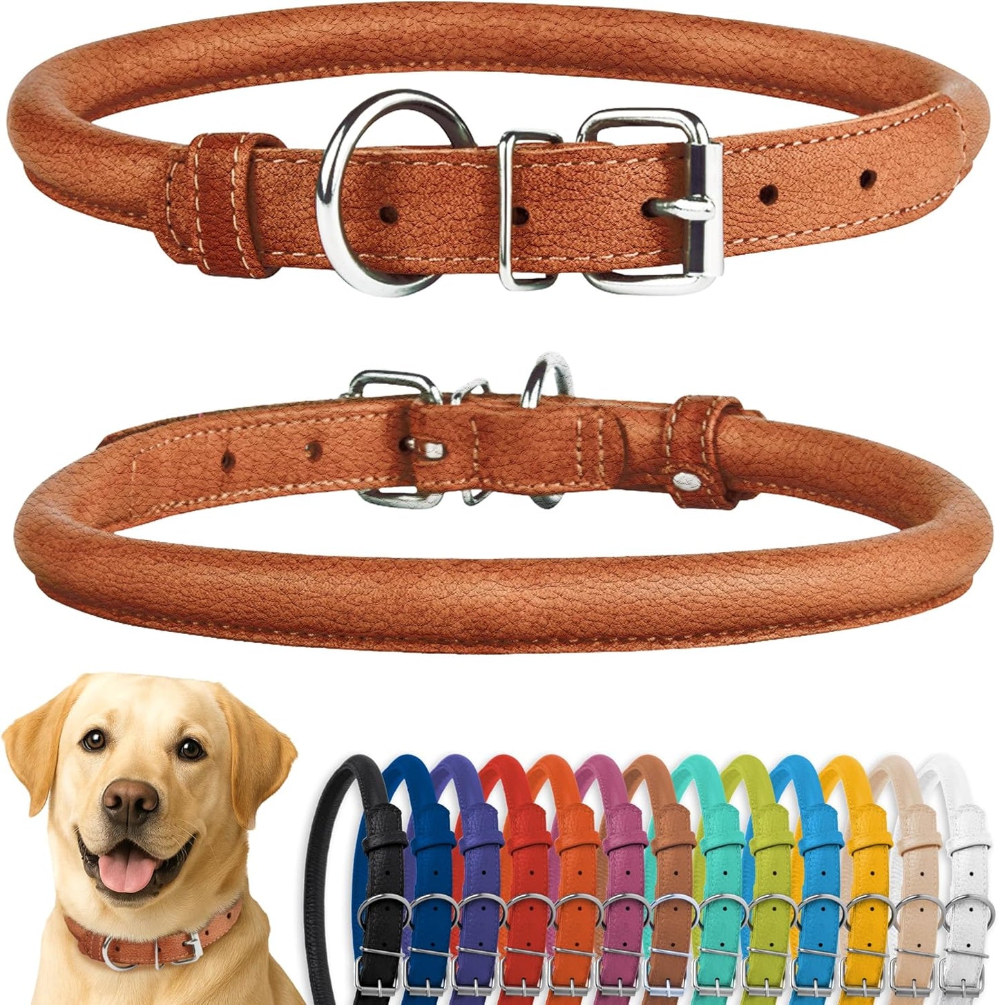 CollarDirect Rolled Leather Dog Collar, Soft Padded Round Puppy Collar, Handmade Genuine Leather Collar Dog Small Large Cat Collars 13 Colors (15-19 Inch, Cinnamon Textured)