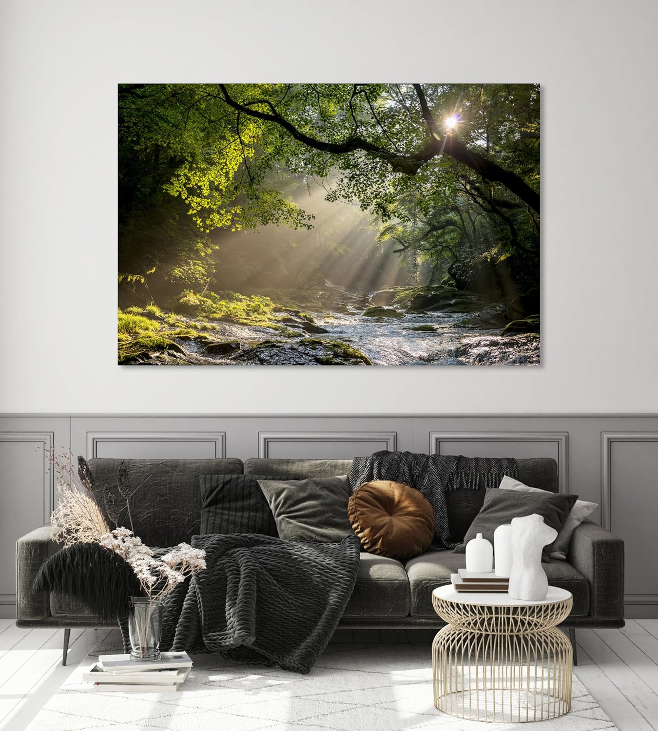 Nature Wall Art Prints - Ocean Forest Mountain Lake Canvas Landscapes - Small to Extra Large Living Room Bedroom Kitchen Bathroom Décor (Rocky River in the Woods, 16L" x 24W")